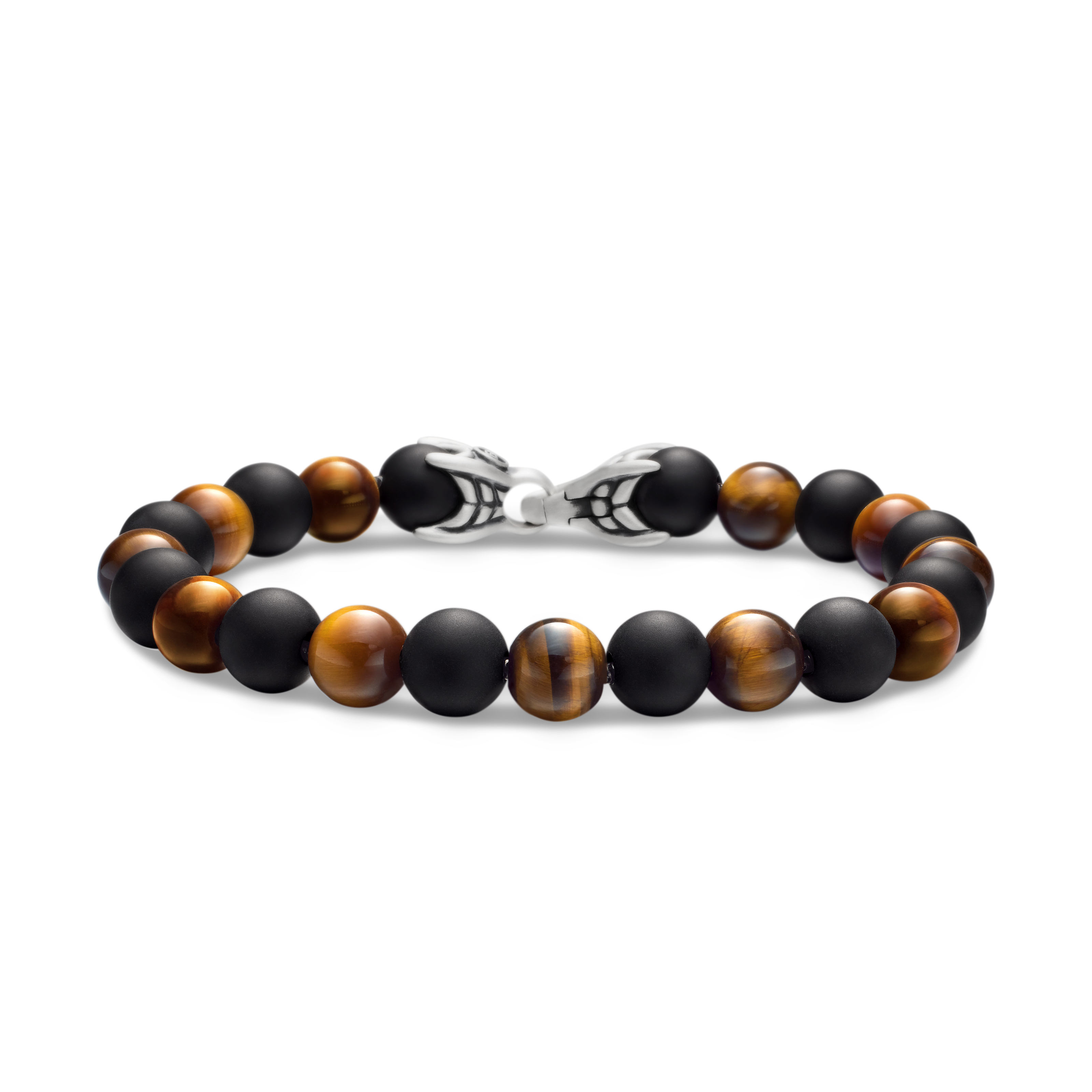 Spiritual Beads Alternating Bracelet in Sterling Silver with Tigers Eye and Black Onyx, 8mm