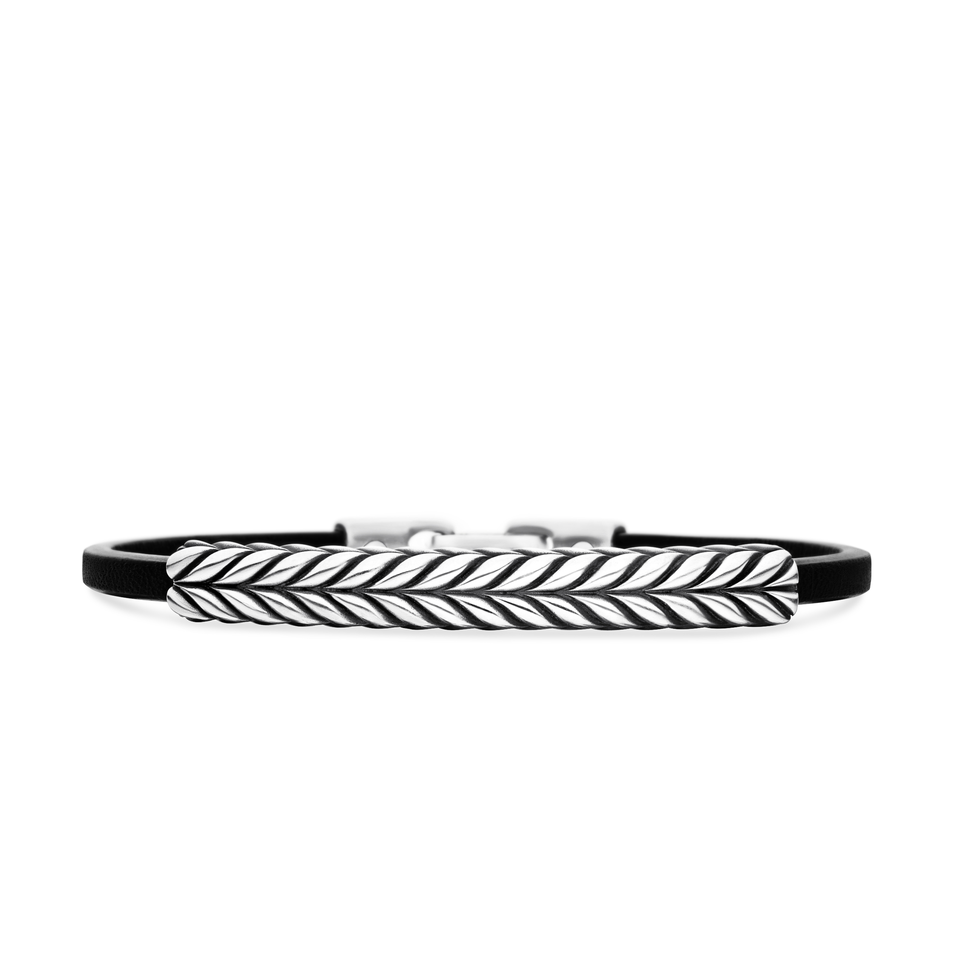 Chevron ID Bracelet  in Black Leather with Sterling Silver, 6.6mm