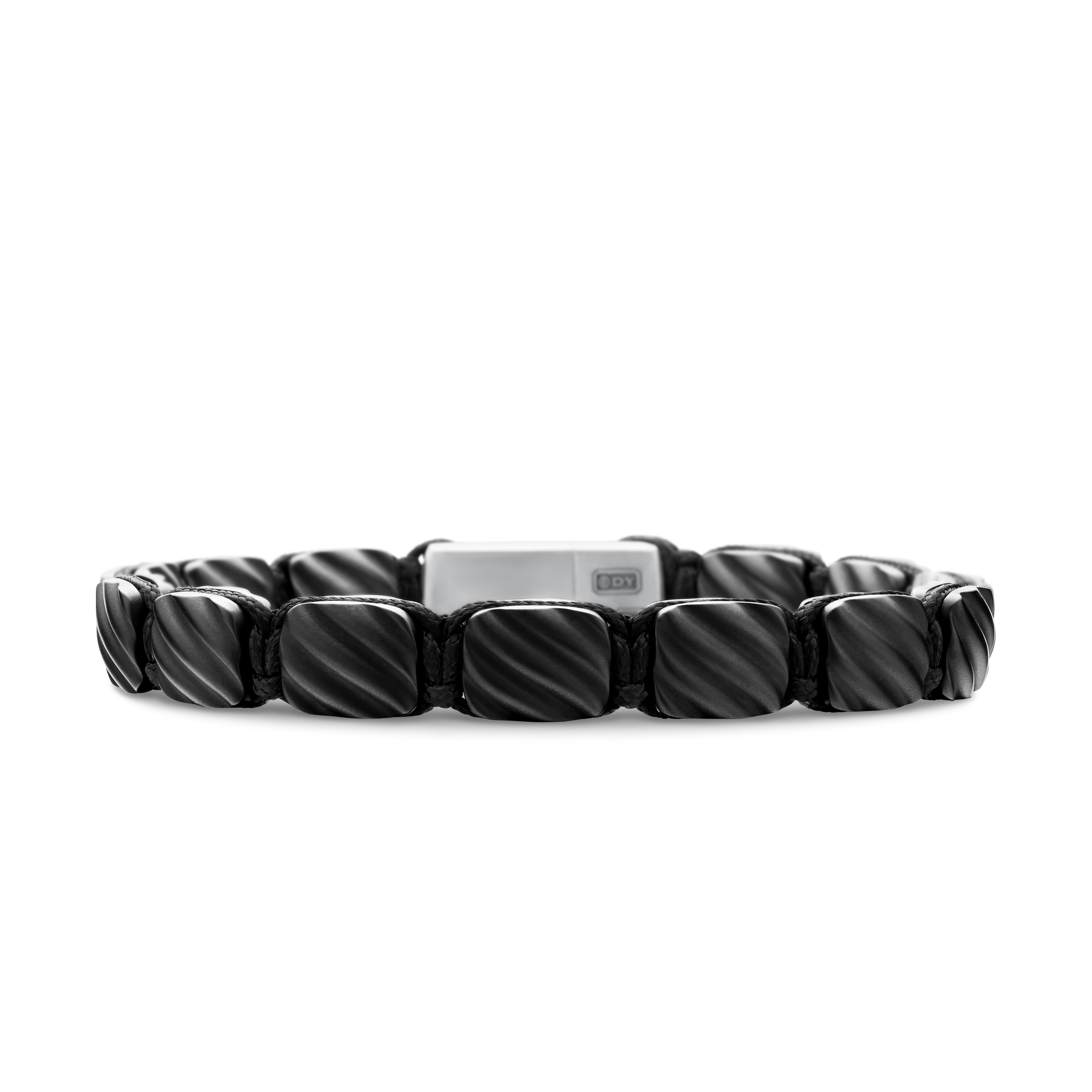 Sculpted Cable Woven Tile Bracelet in Black Titanium with Sterling Silver and Black Nylon, 8.5mm