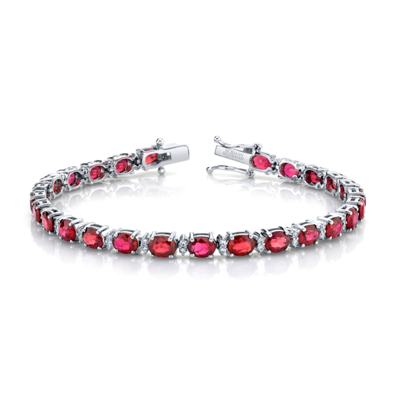 Oval Shape Ruby and Round Brilliant Straight Line Bracelet