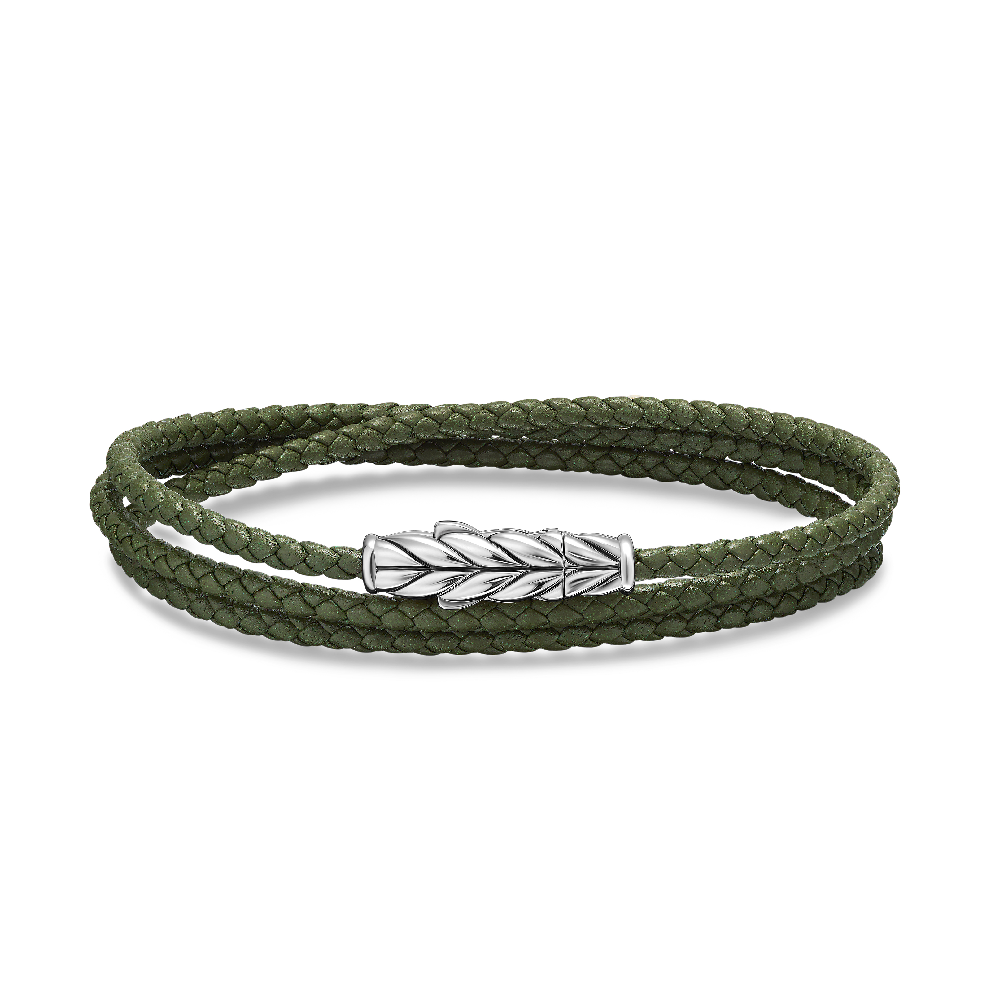 Chevron Triple Wrap Bracelet in Green Leather with Sterling Silver, 3mm