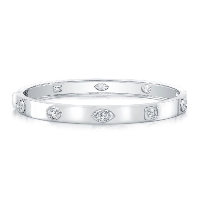 Fancy Shape Diamonds in 18k White Gold Hinged Bangle