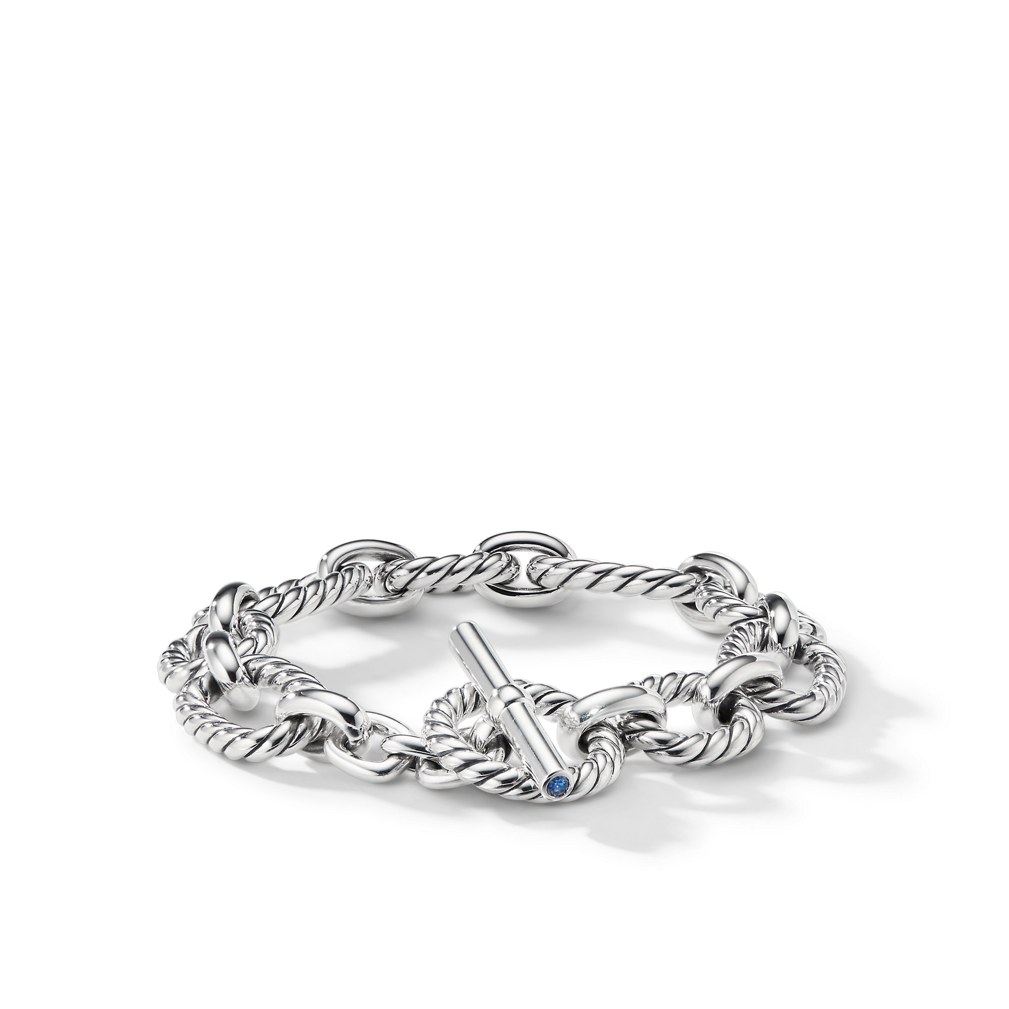 Cushion Link Chain Bracelet in Sterling Silver with Blue Sapphires