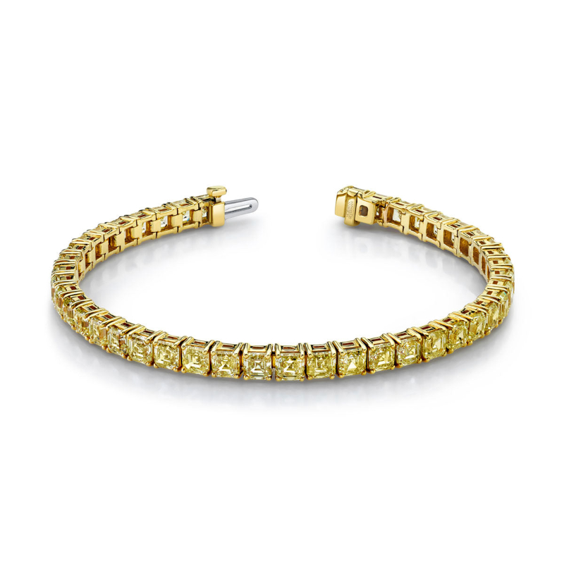 18.46 Carat 18k Yellow Gold Yellow Diamond Asscher Cut Straight Line Bracelet