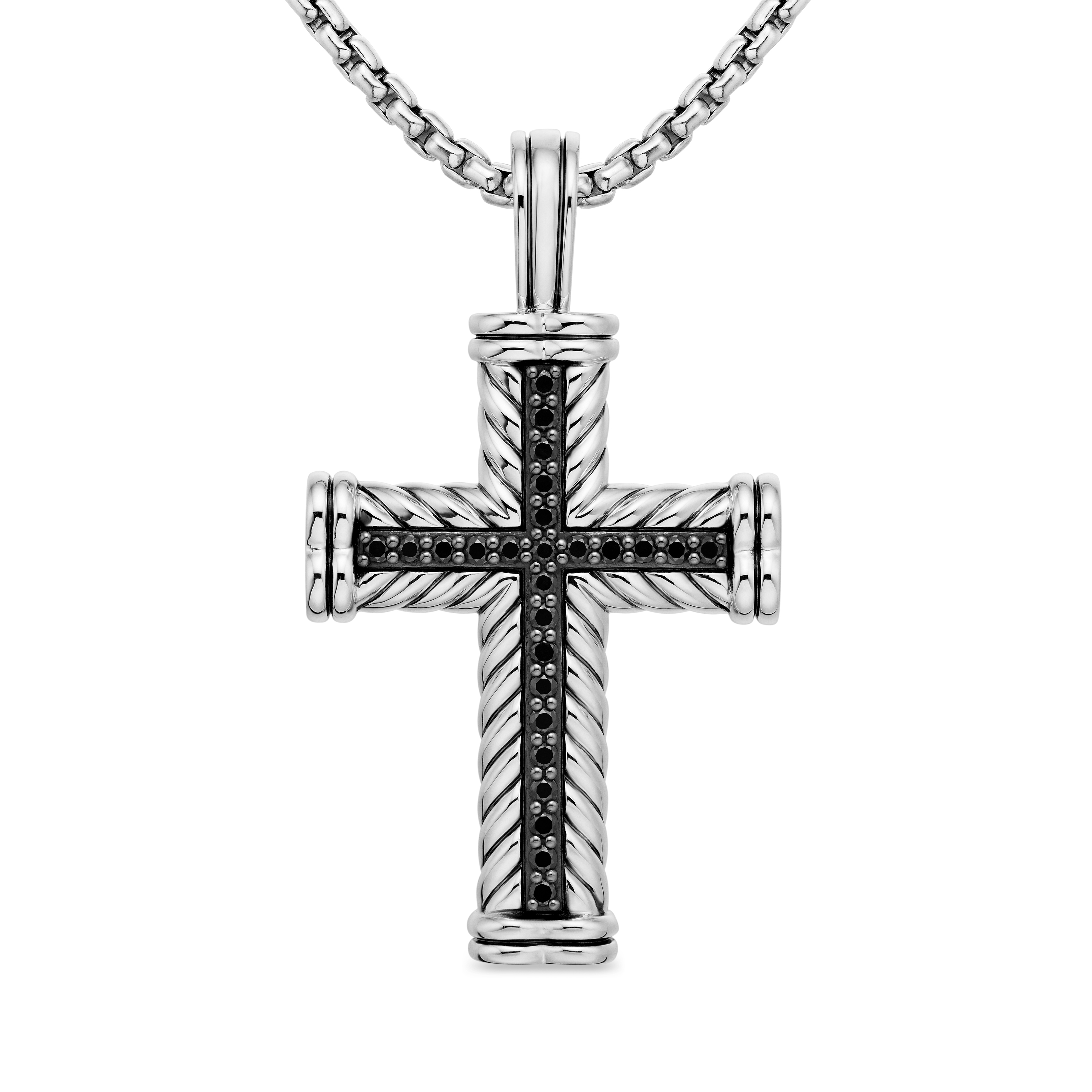 Chevron Cross Pendant in Sterling Silver with Black Diamonds, 41.7mm