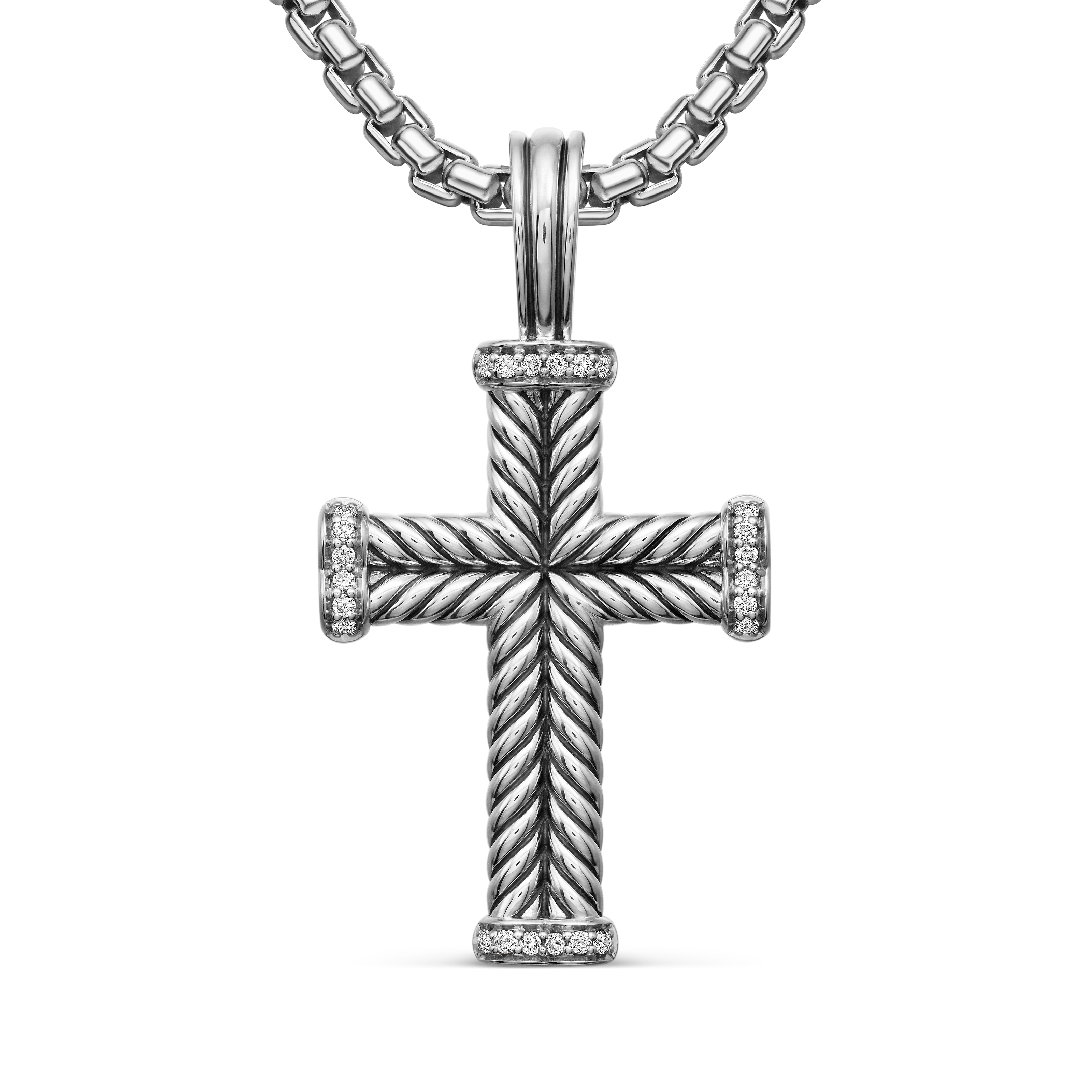 Chevron Cross Pendant in Sterling Silver with Diamonds, 33.5mm