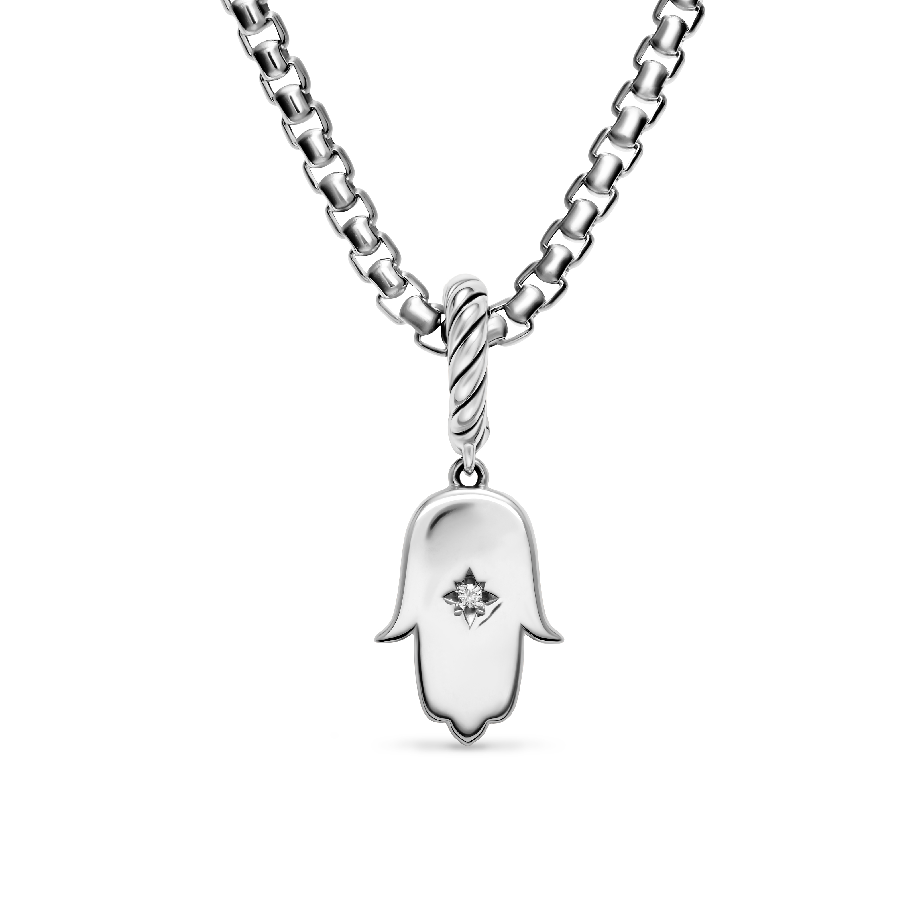 Hamsa Amulet in Sterling Silver with Center Diamond, 15.8mm