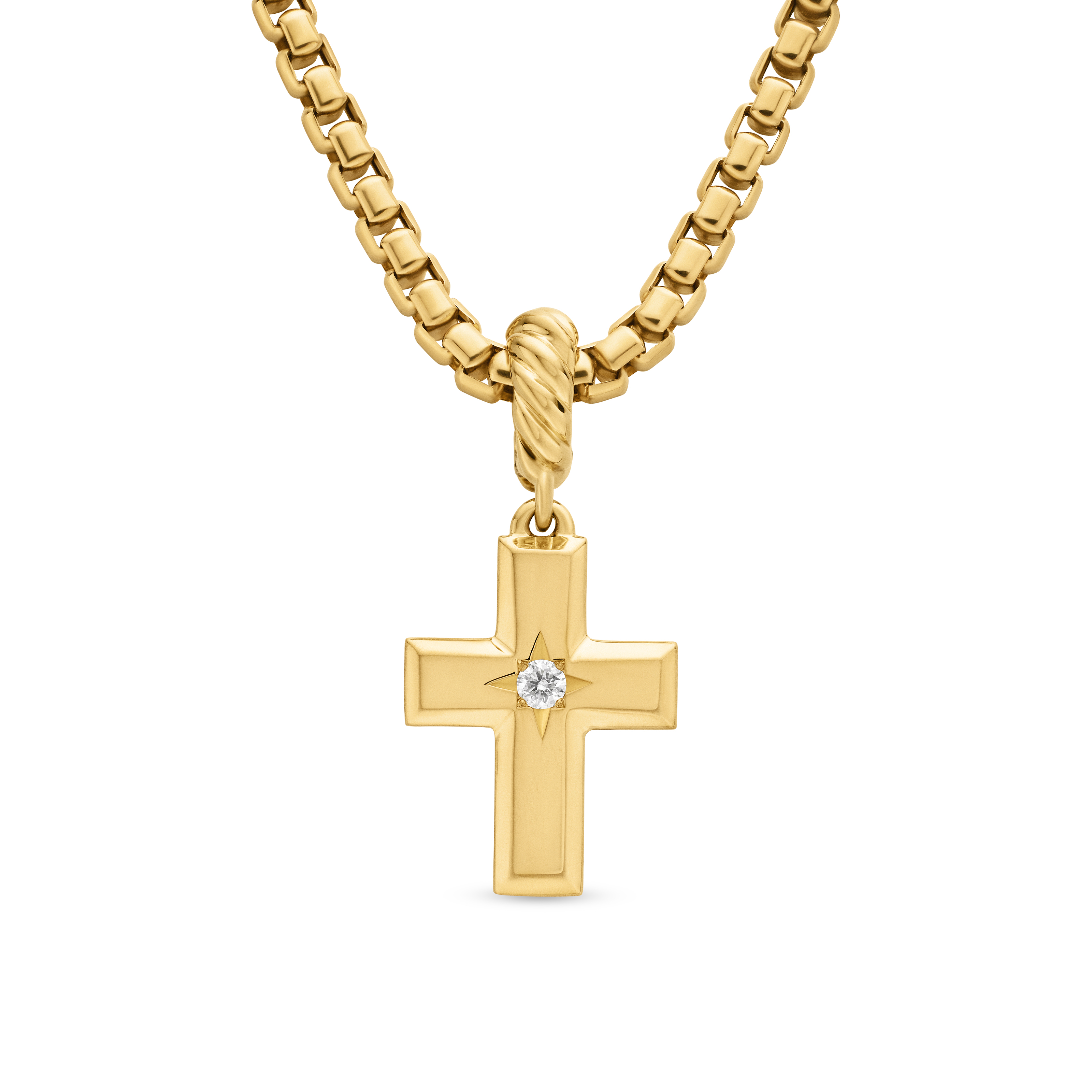 Cross Amulet in 18K Yellow Gold with Center Diamond, 23.8mm