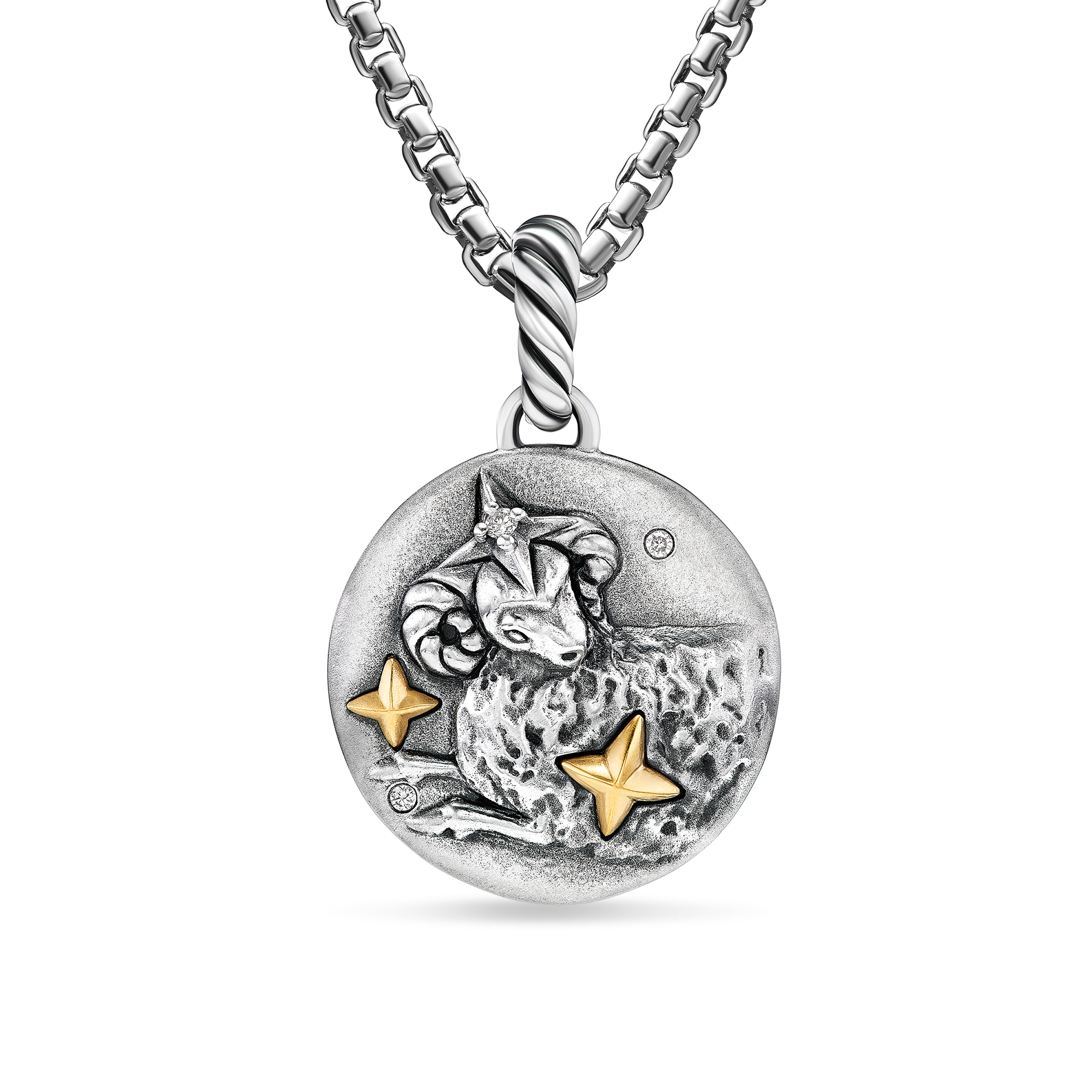 Aries Amulet in Sterling Silver with 18K Yellow Gold and Diamonds, 19mm