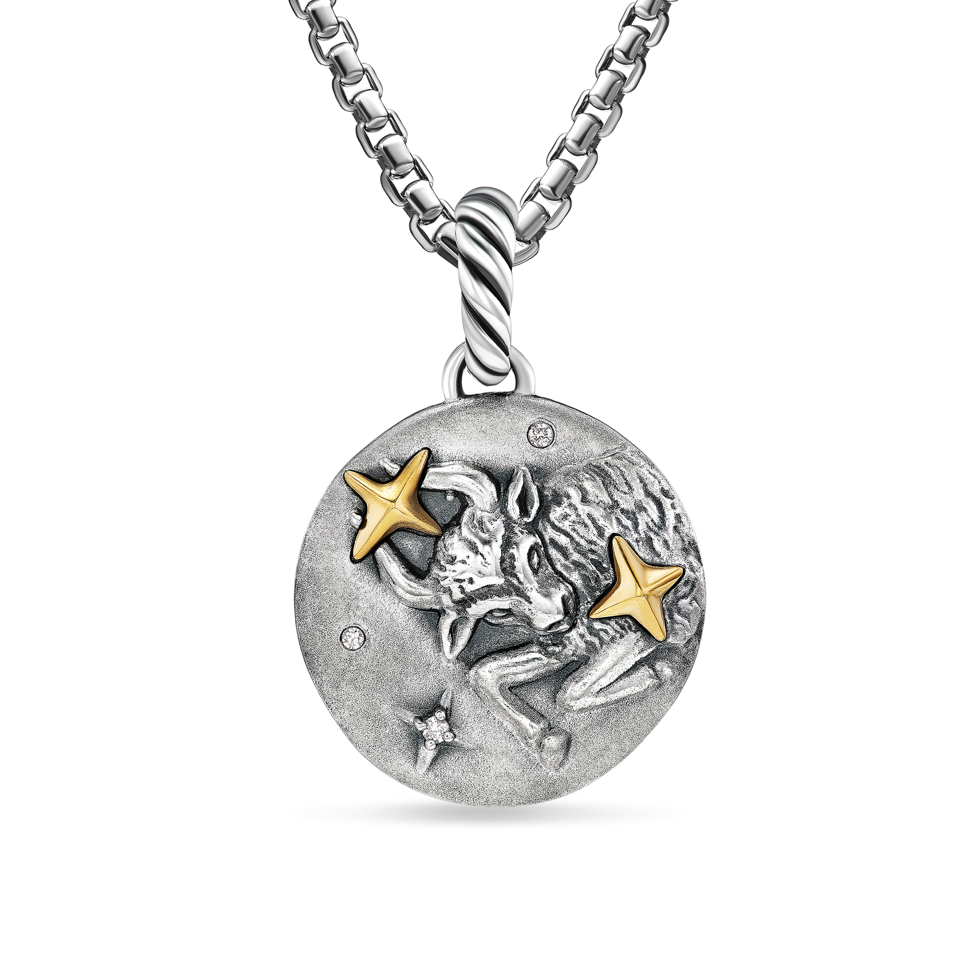 Taurus Amulet in Sterling Silver with 18K Yellow Gold and Diamonds, 19mm