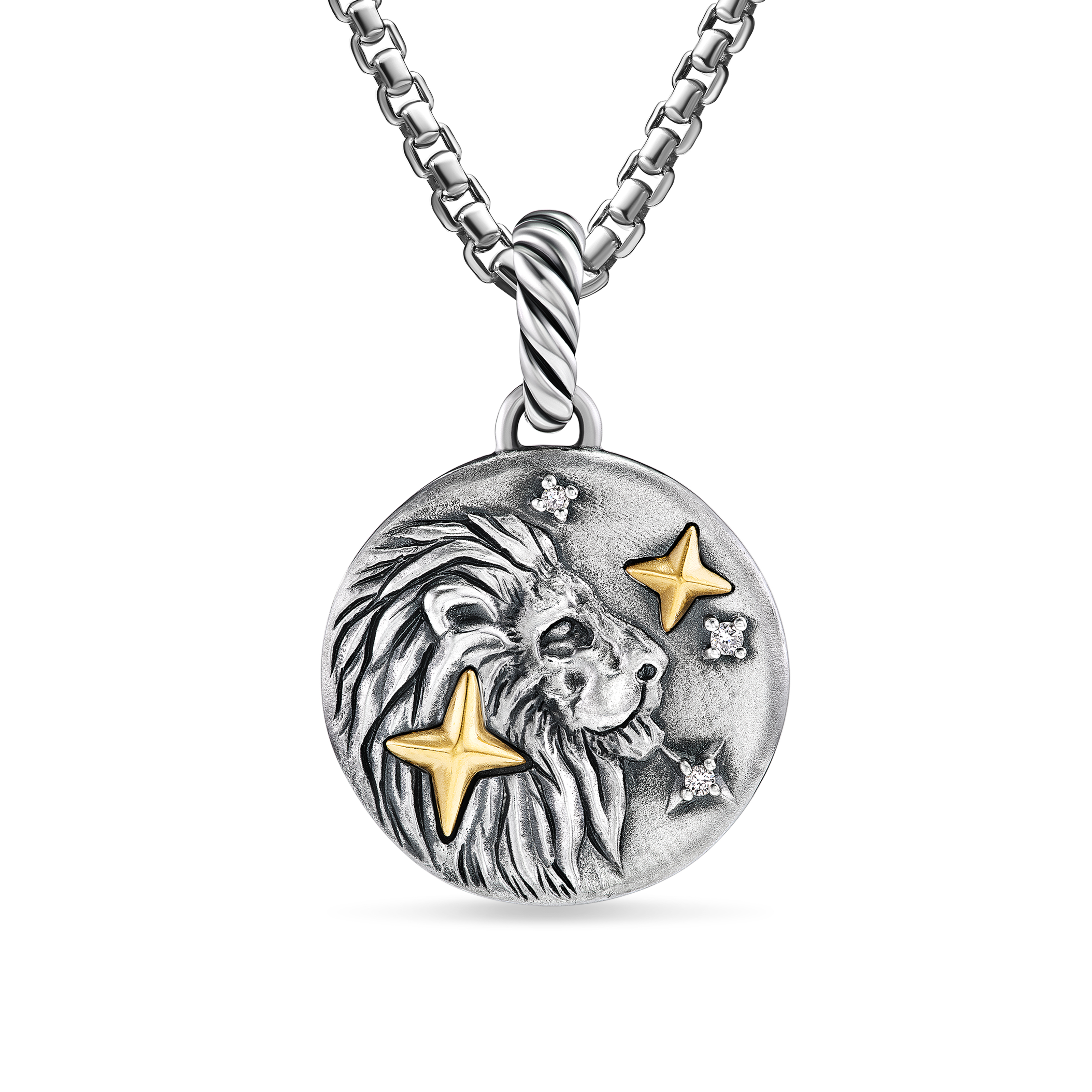 Leo Amulet in Sterling Silver with 18K Yellow Gold and Diamonds, 19mm