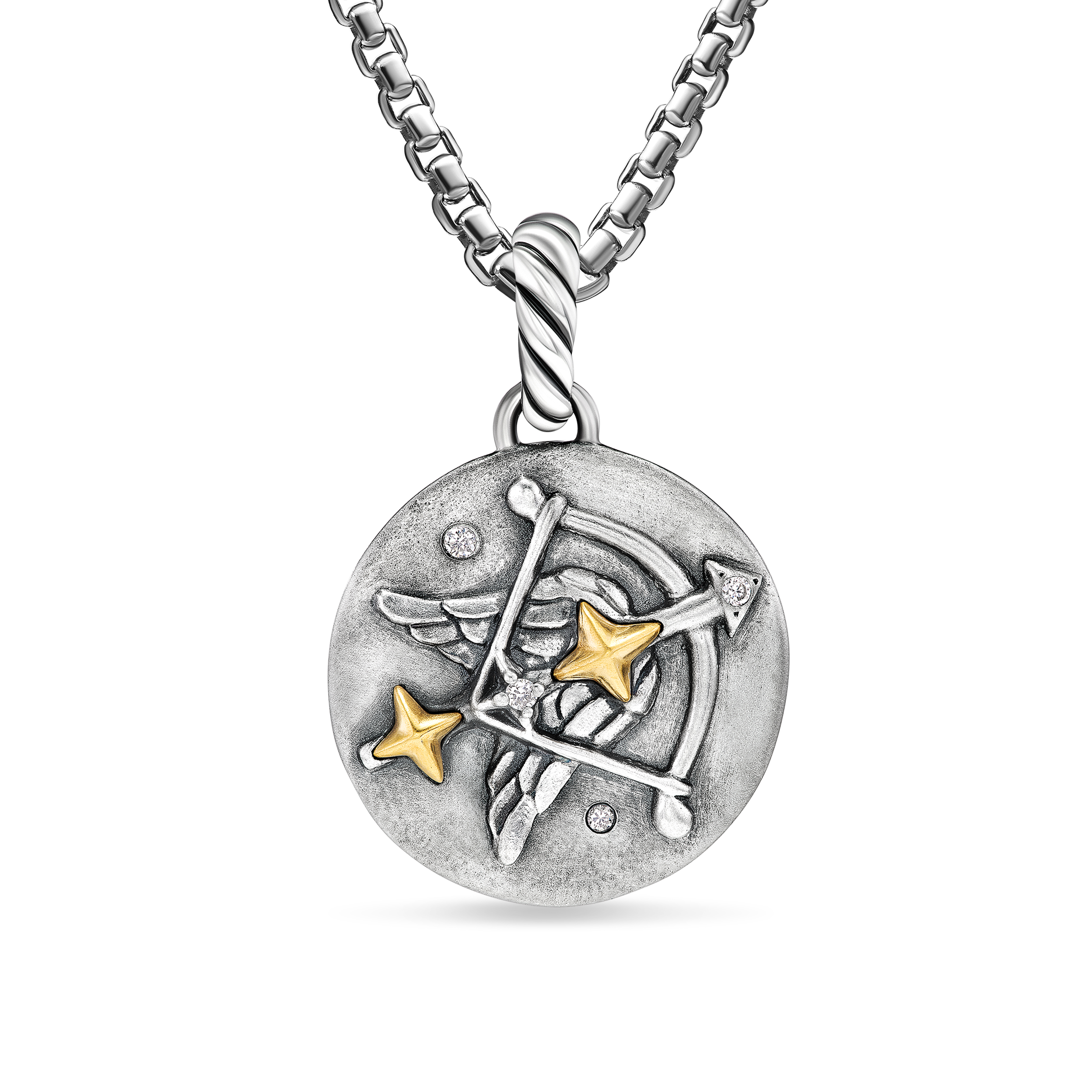 Sagittarius Amulet in Sterling Silver with 18K Yellow Gold and Diamonds, 19mm