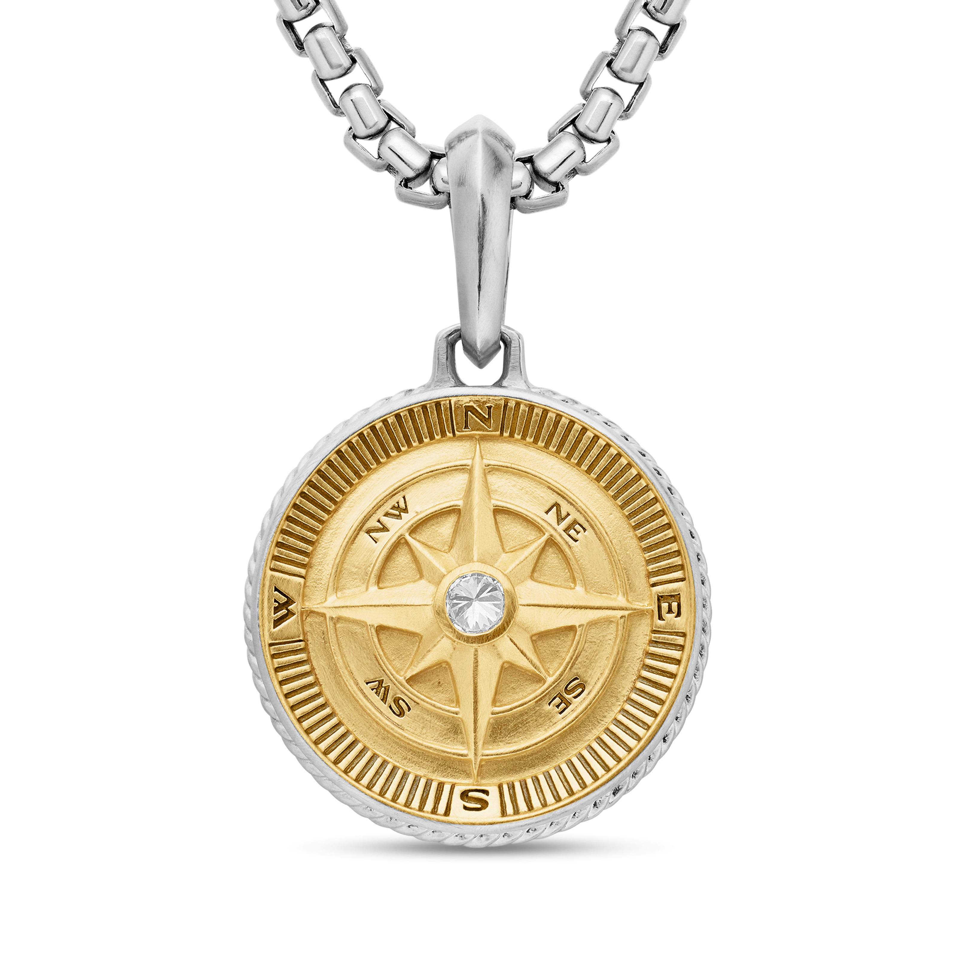 Maritime® Compass Amulet in Sterling Silver with 18K Yellow Gold and Center Diamond, 29.5mm