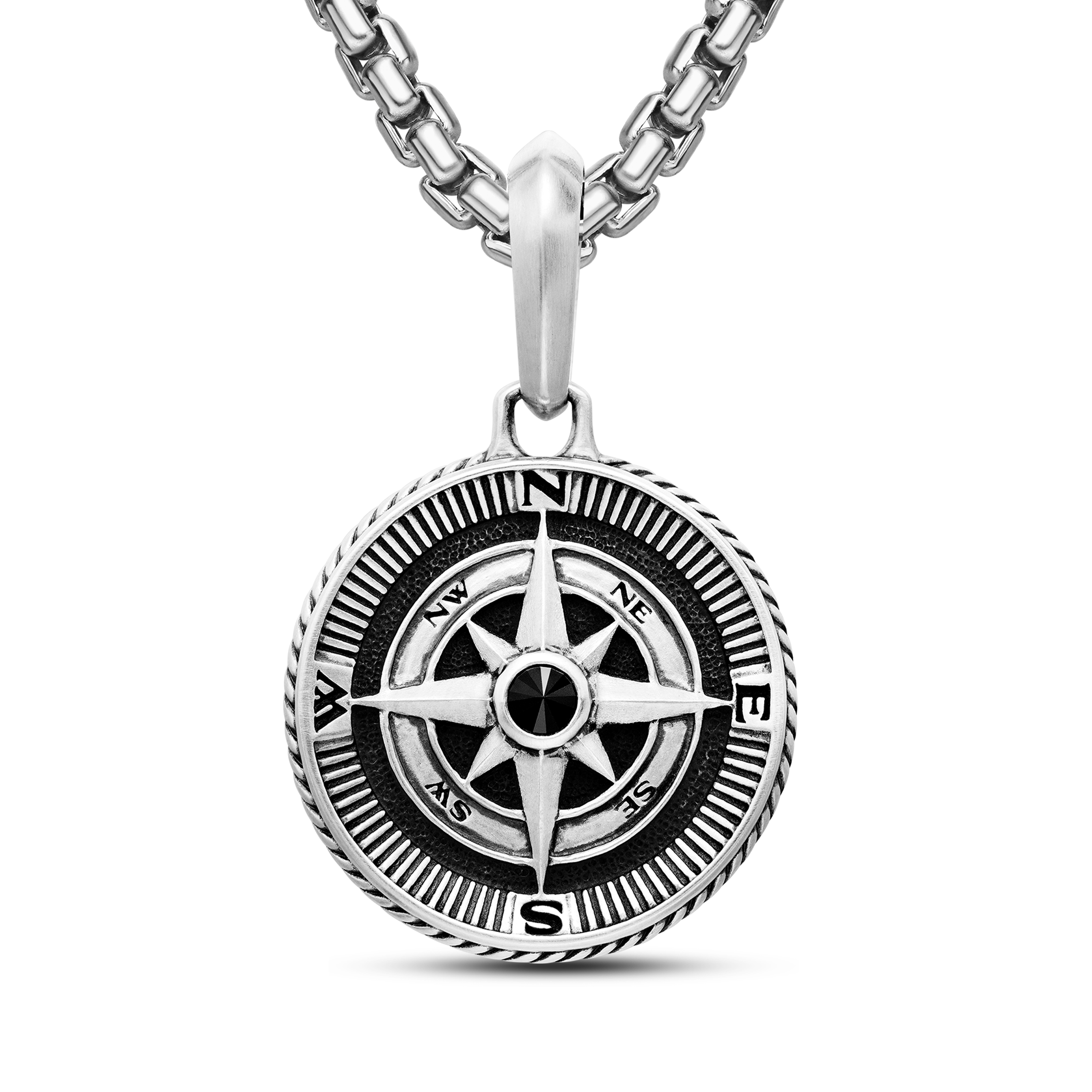 Maritime® Compass Amulet in Sterling Silver with Center Black Diamond, 29.5mm