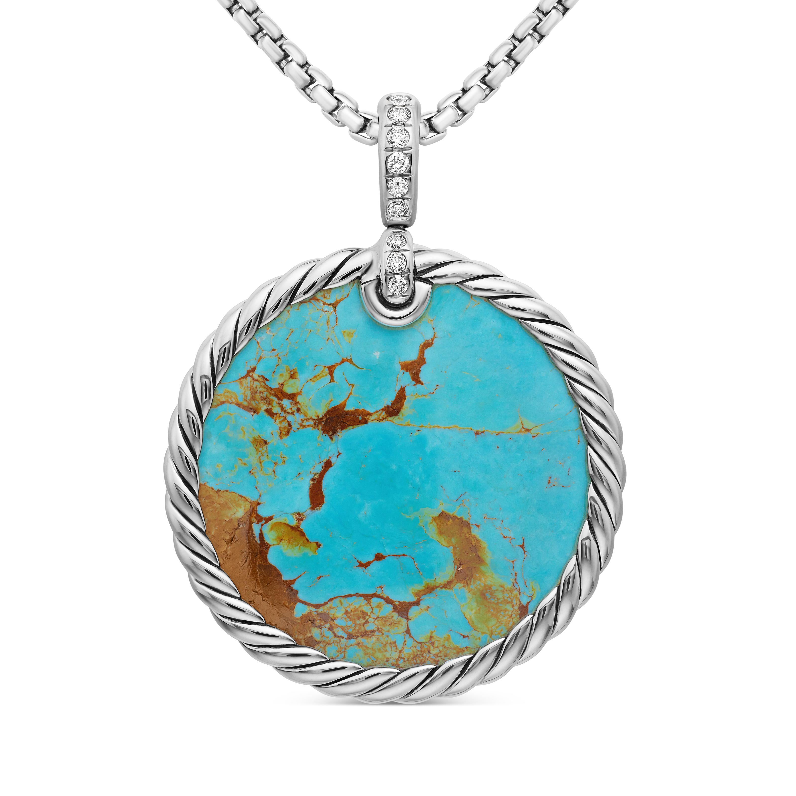 DY Elements® Reversible Disc Pendant in Sterling Silver with Turquoise Reversible to Mother of Pearl and Diamonds, 32mm