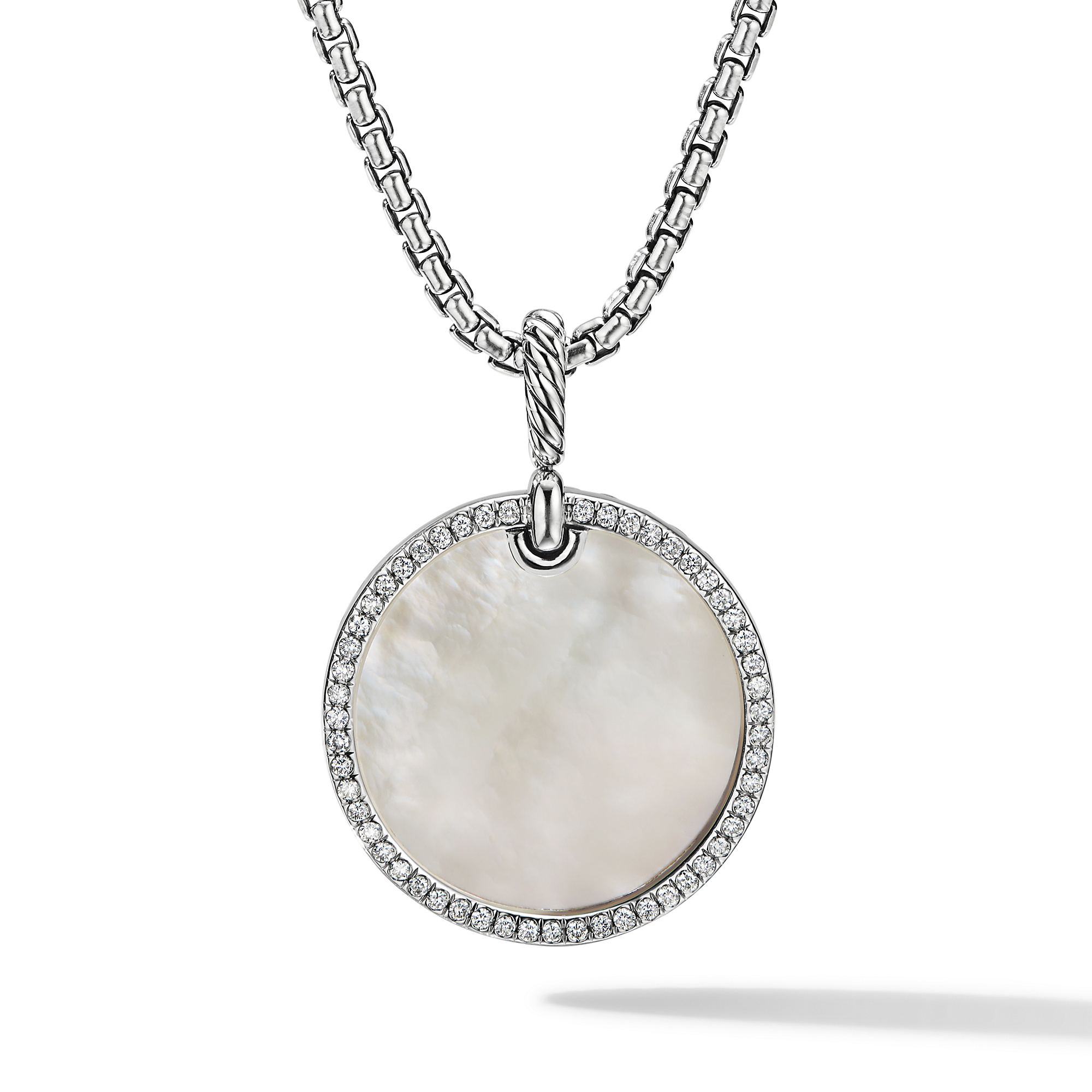 DY Elements® Disc Pendant in Sterling Silver with Mother of Pearl and Pave Diamond Rim