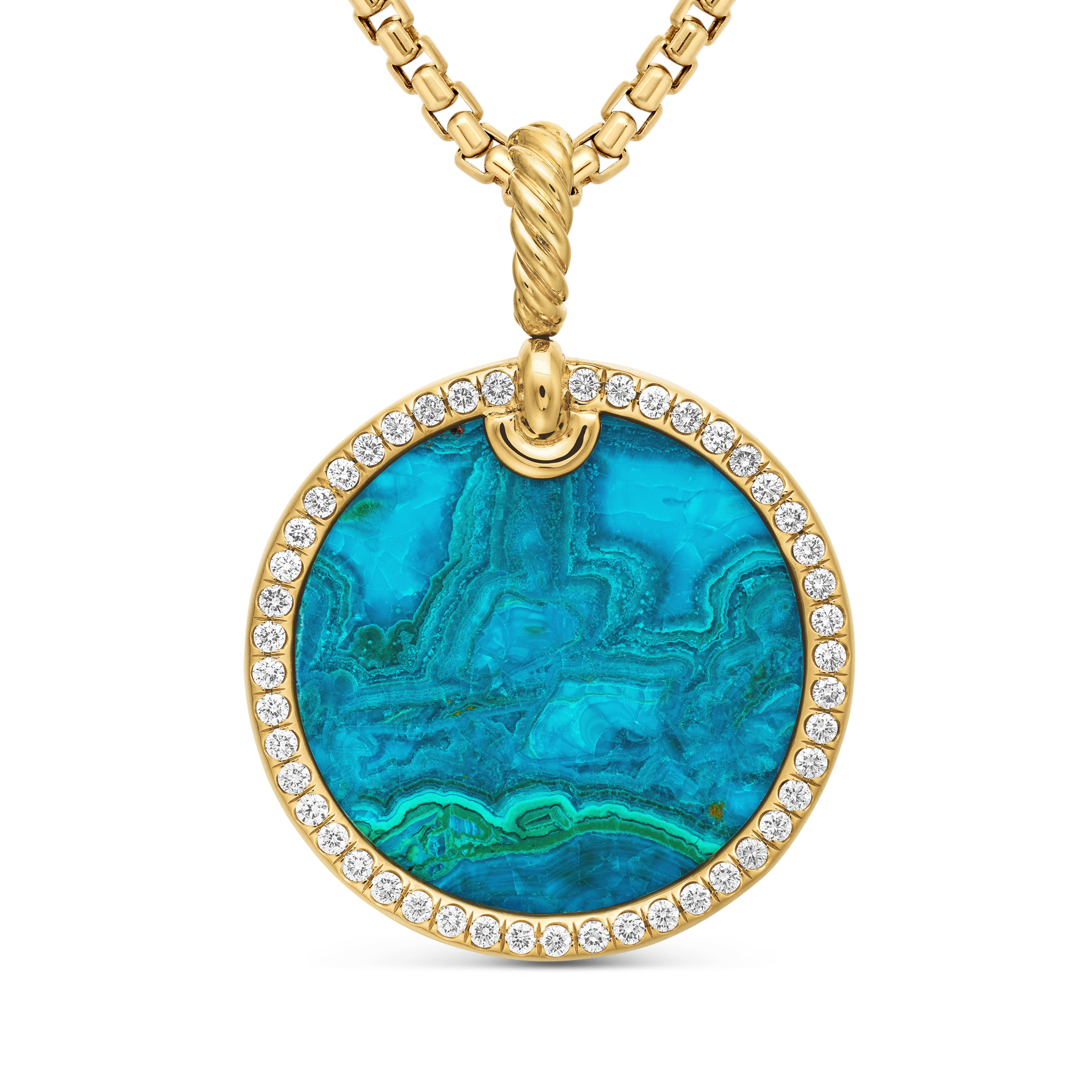 Limited DY Elements® Disc Pendant in 18K Yellow Gold with Chrysocolla and Pave Diamonds