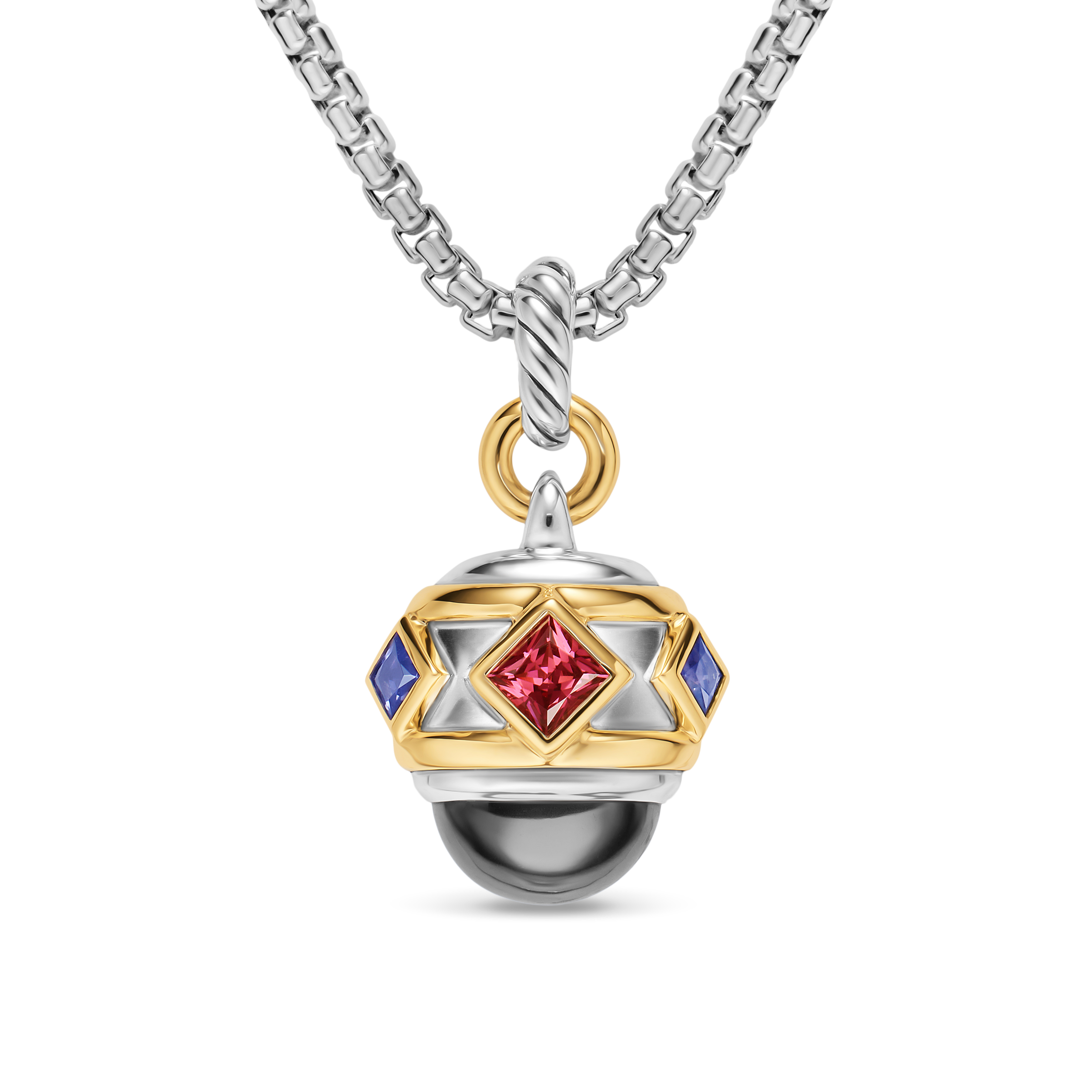 Renaissance® Amulet in Sterling Silver with 14K Yellow Gold, Hematine, Rhodolite Garnet and Iolite, 29mm