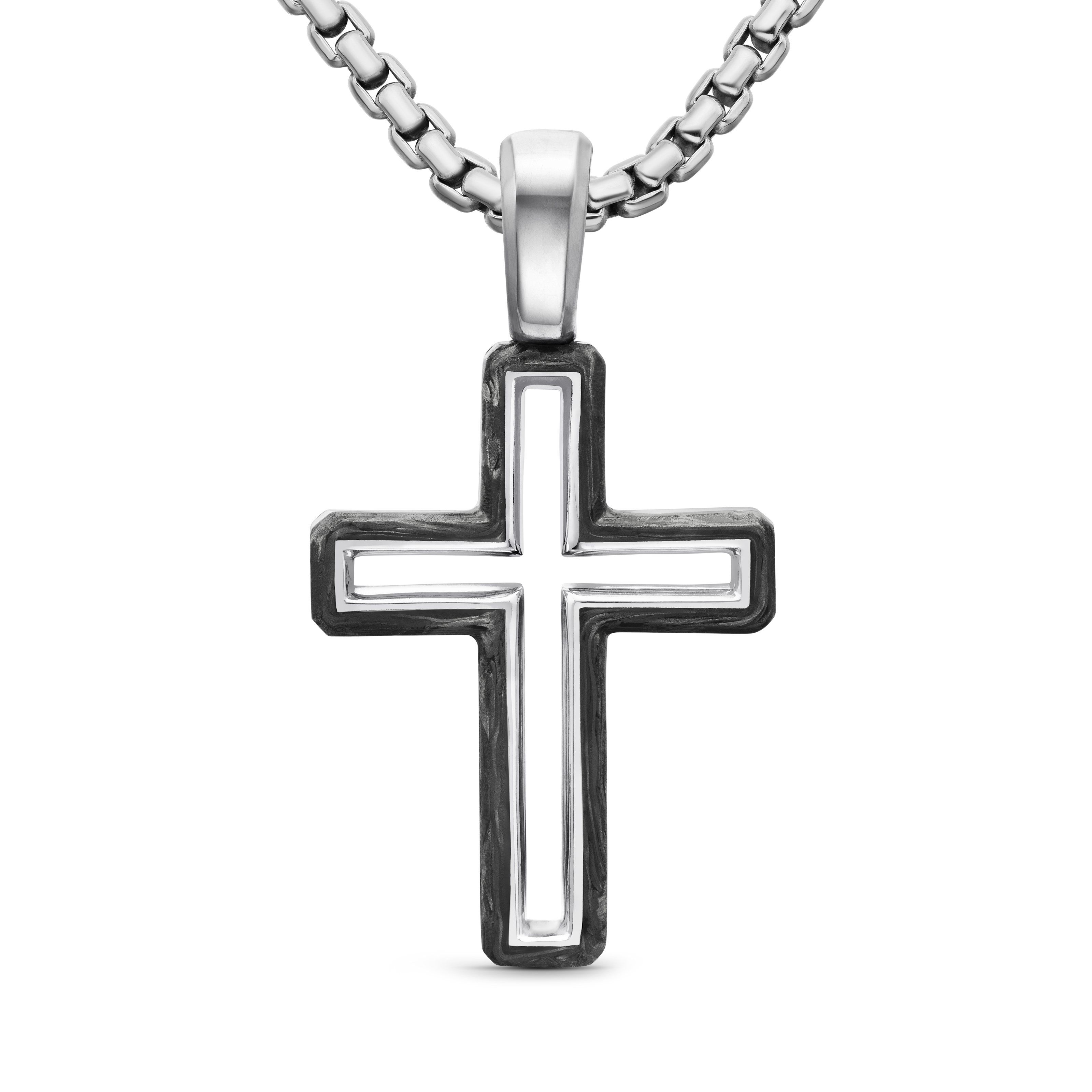 Forged Carbon Cross Pendant in Sterling Silver, 24mm