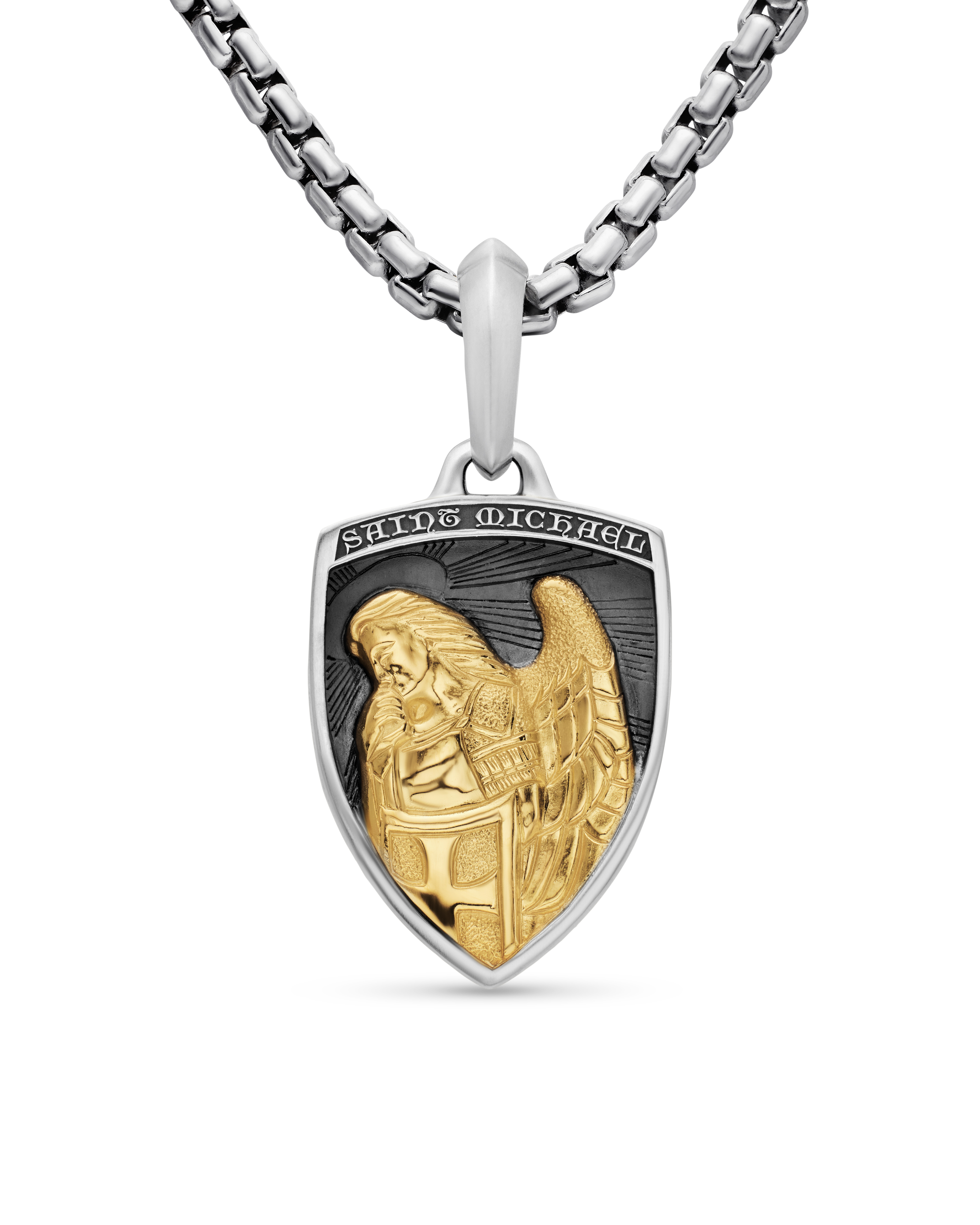 St. Michael Amulet in Sterling Silver with 14K Yellow Gold, 26mm
