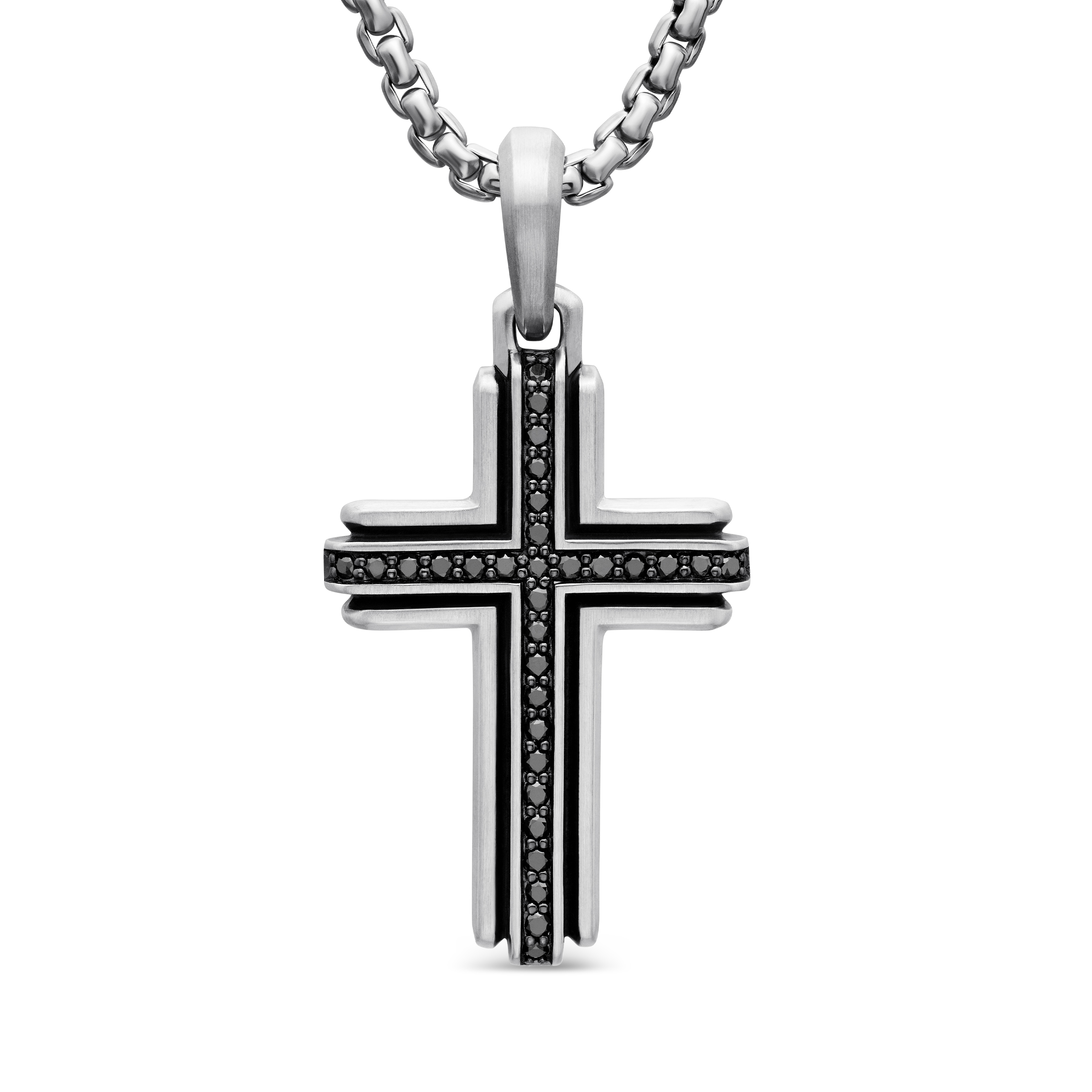 Deco Cross Pendant in Sterling Silver with Black Diamonds, 34mm