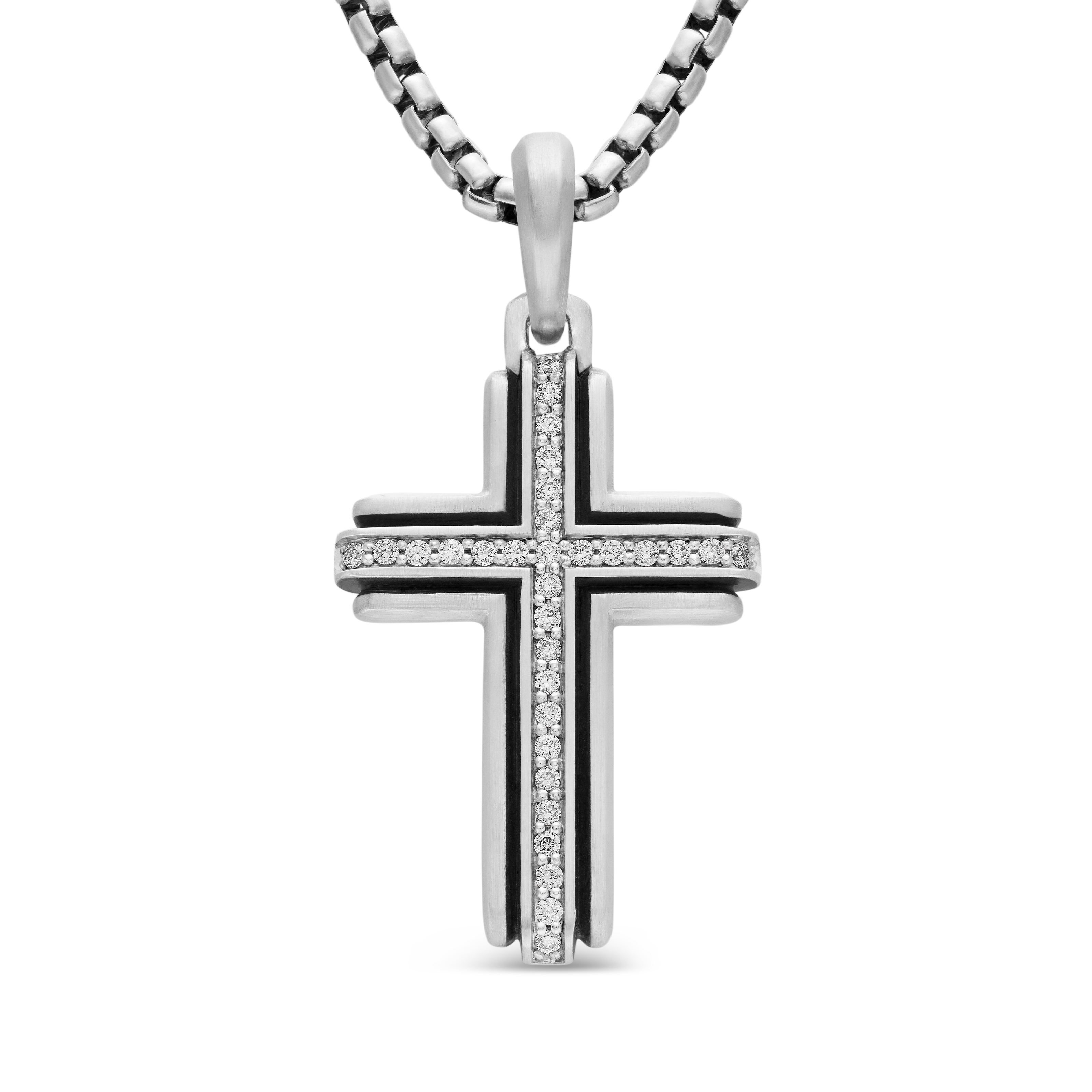 Deco Cross Pendant in Sterling Silver with Diamonds, 34mm