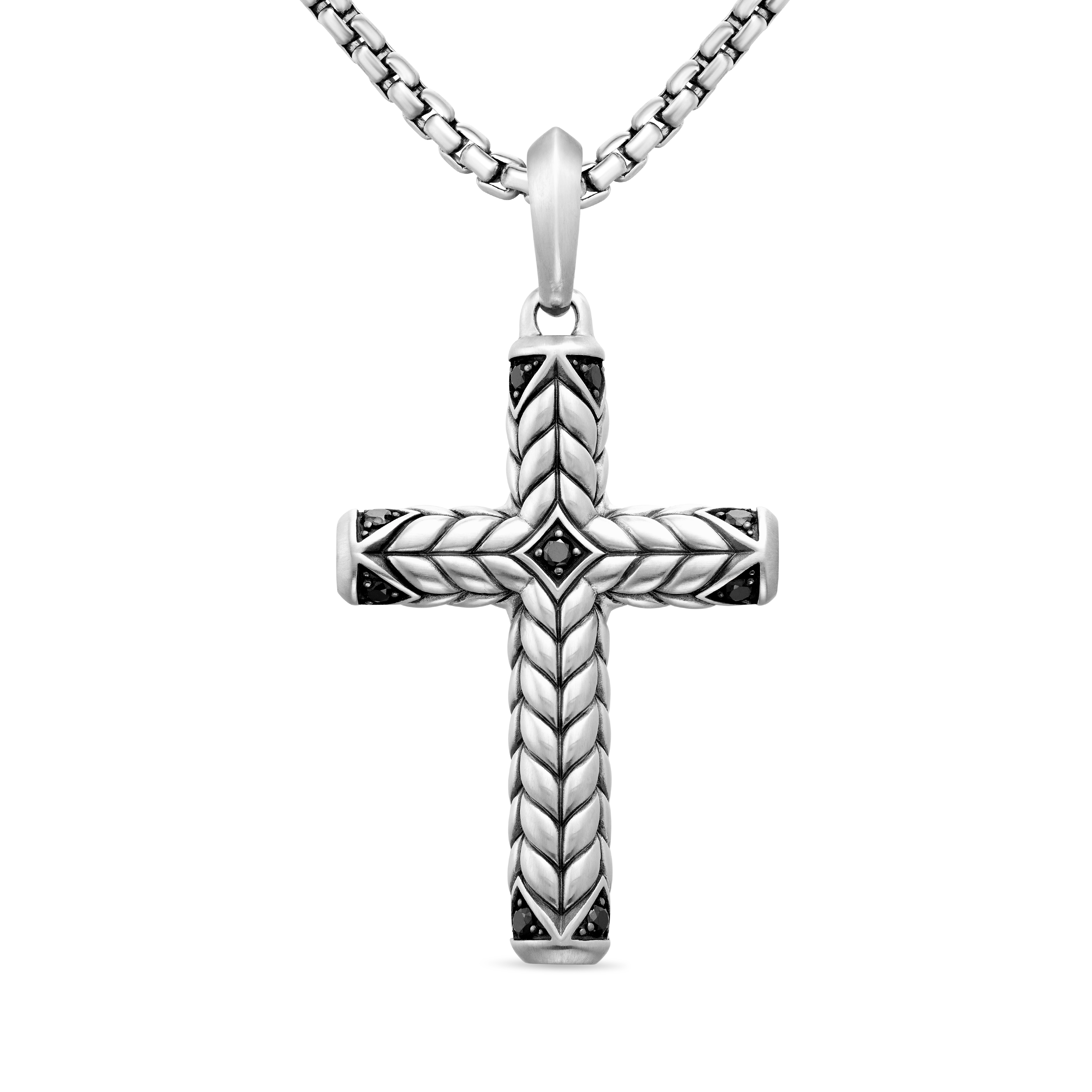 Chevron Sculpted Cross Pendant in Sterling Silver with Black Diamonds, 49mm