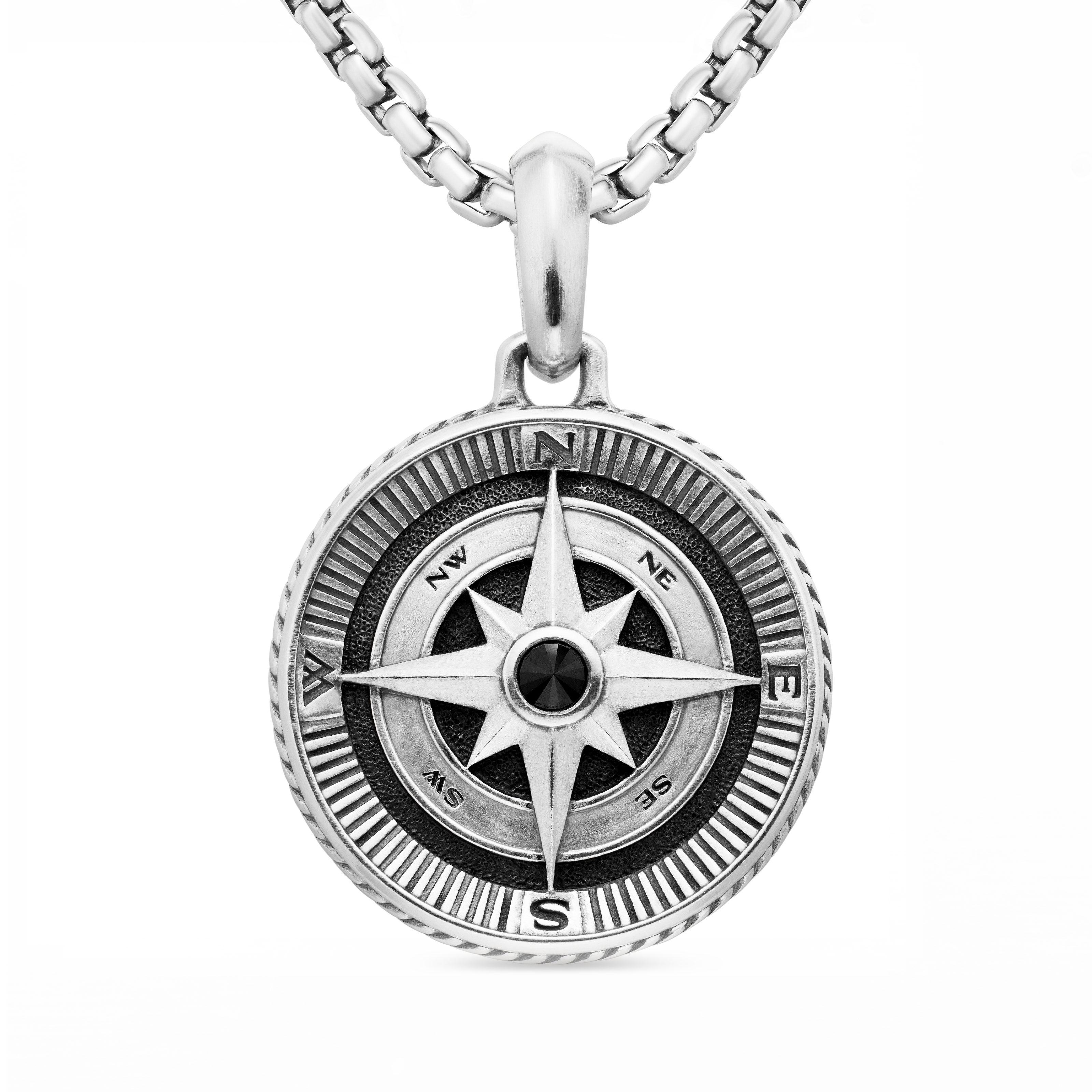 Maritime® Compass Amulet in Sterling Silver with Center Black Diamond, 26.8mm