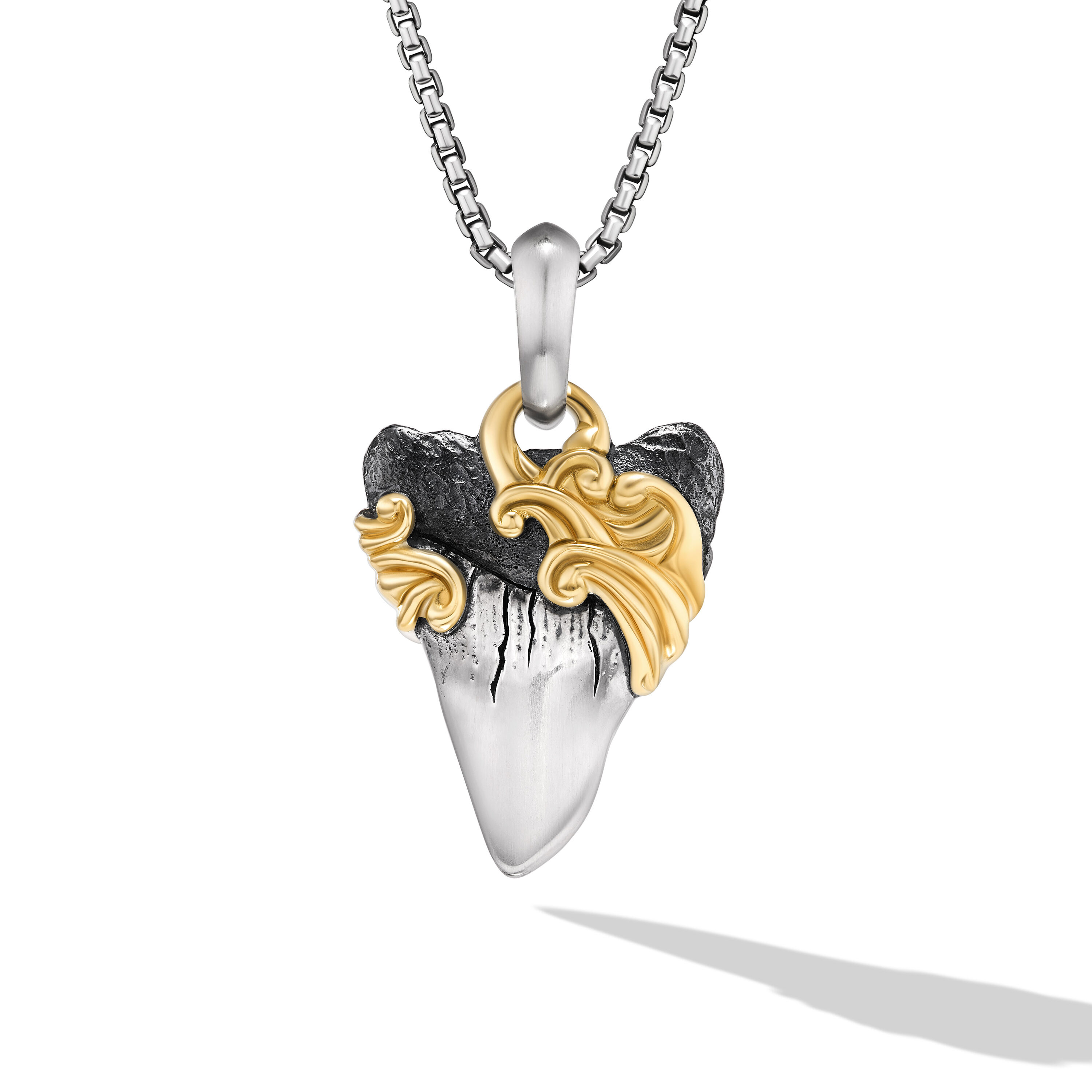 Waves Shark Tooth Amulet in Sterling Silver with 18K Yellow Gold, 25mm