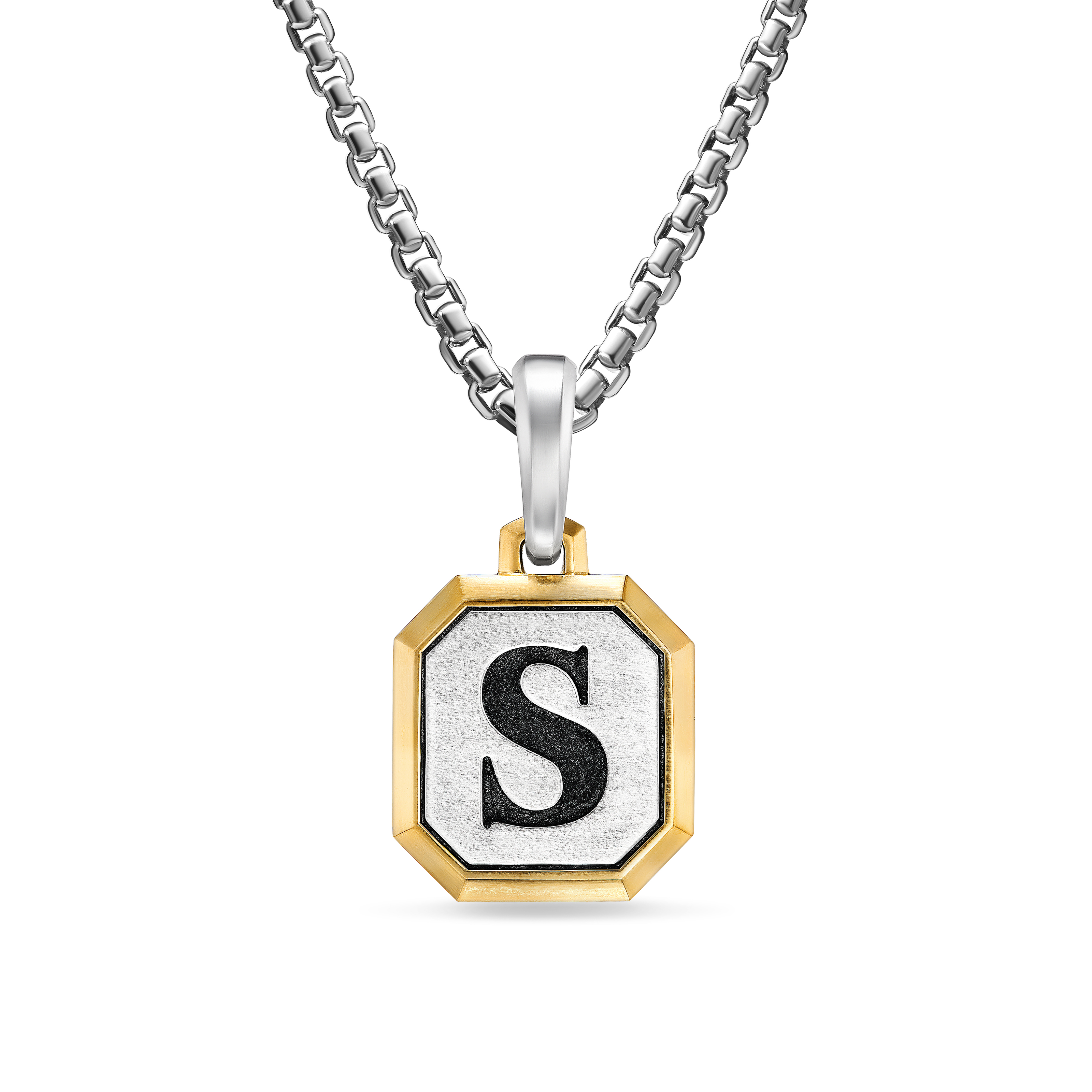 S Initial Amulet in Sterling Silver with 14K Yellow Gold, 17mm