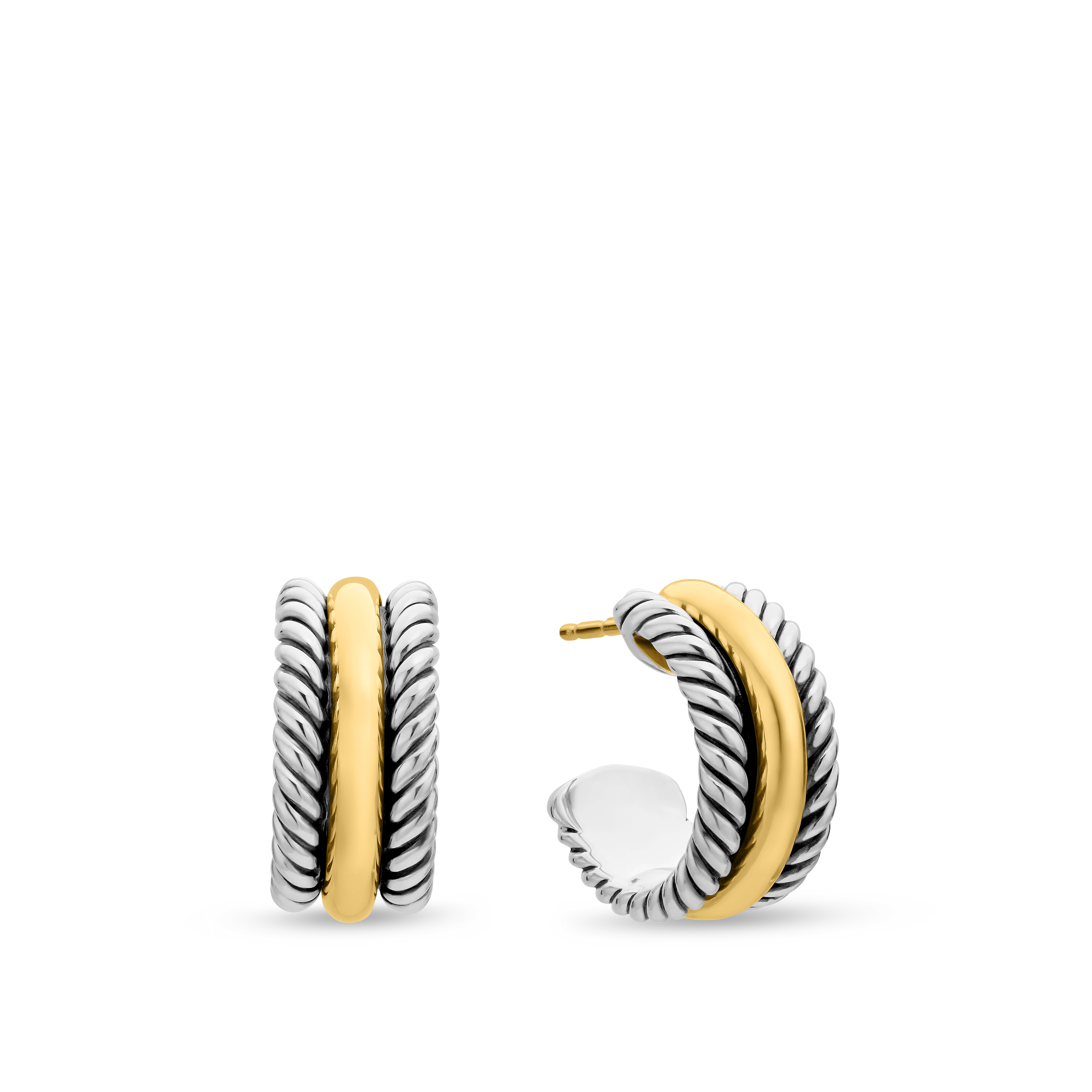 Cable Collectibles® Huggie Hoop Earrings in Sterling Silver with 14K Yellow Gold