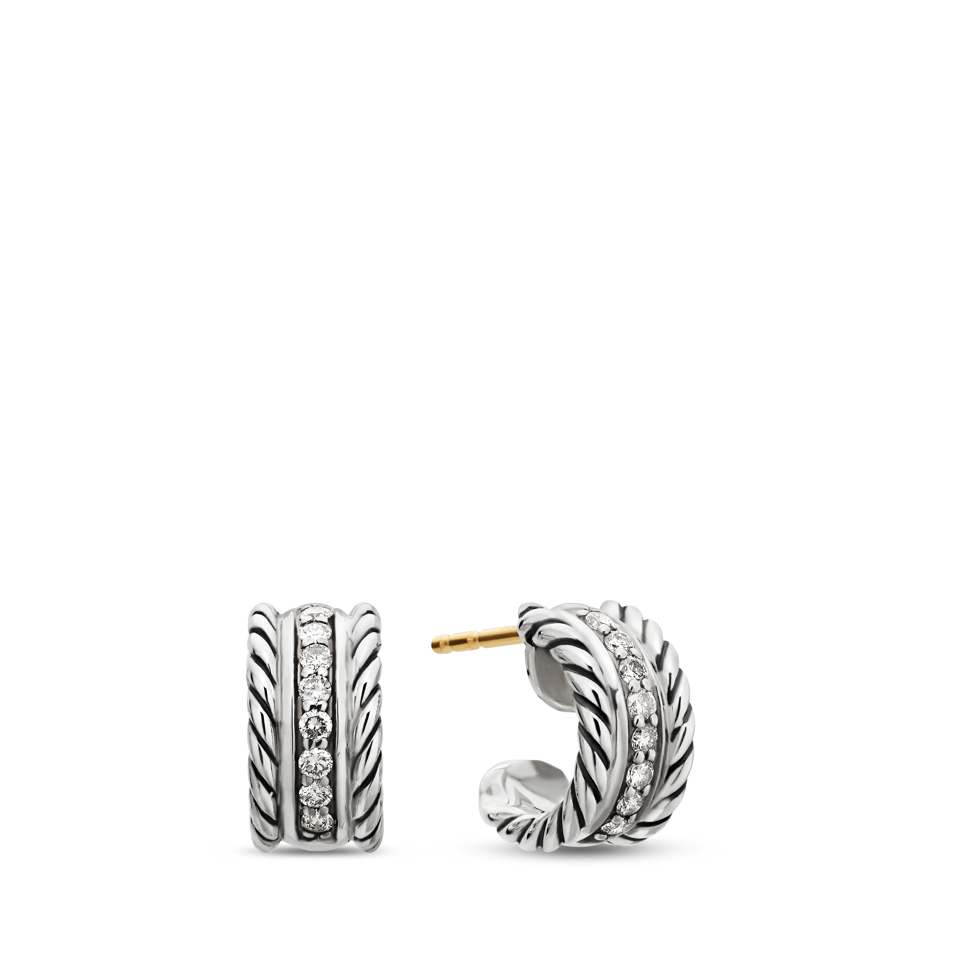 Cable Collectibles® Huggie Hoop Earrings in Sterling Silver with Pave Diamonds