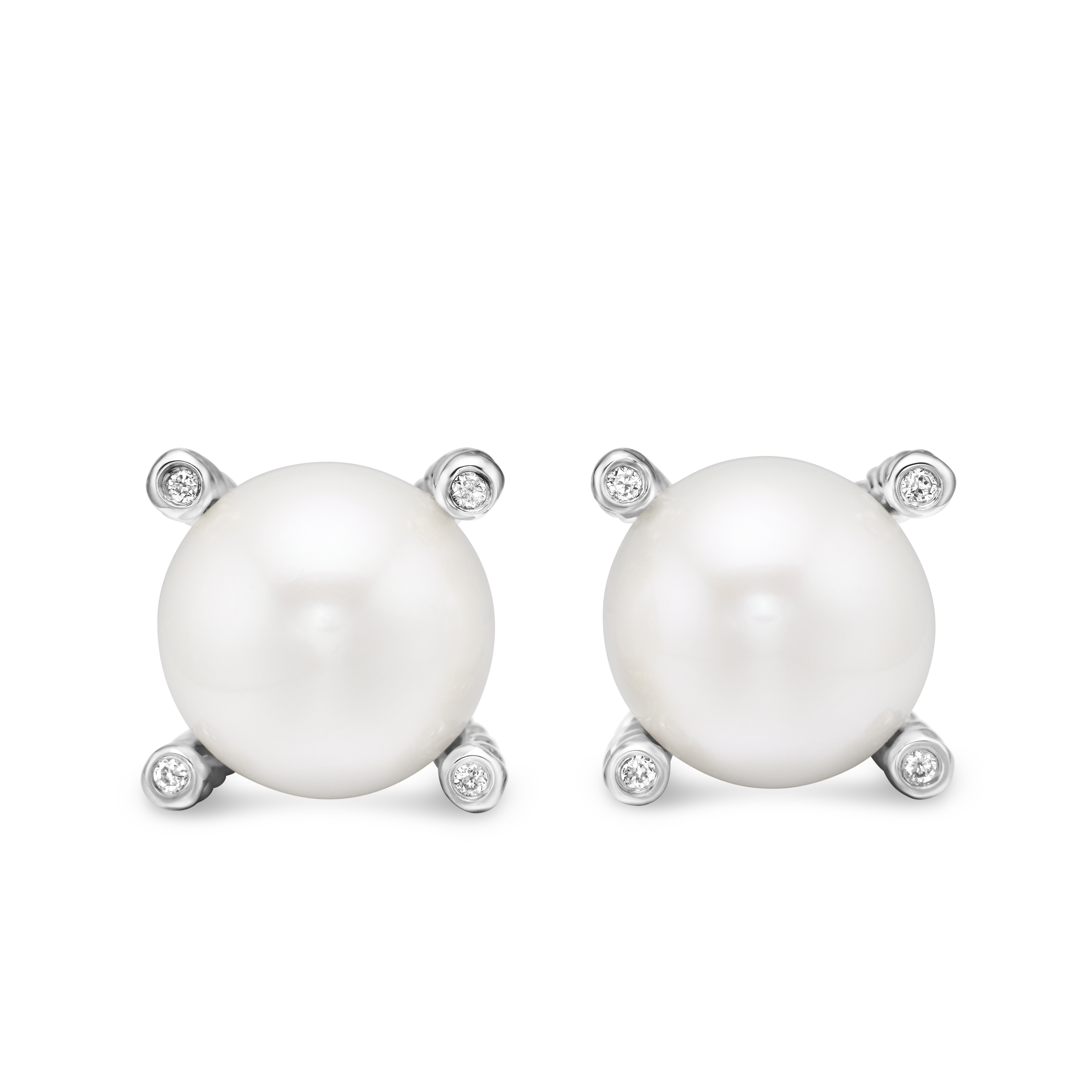 Cable Pearl Stud Earrings in Sterling Silver with Diamonds