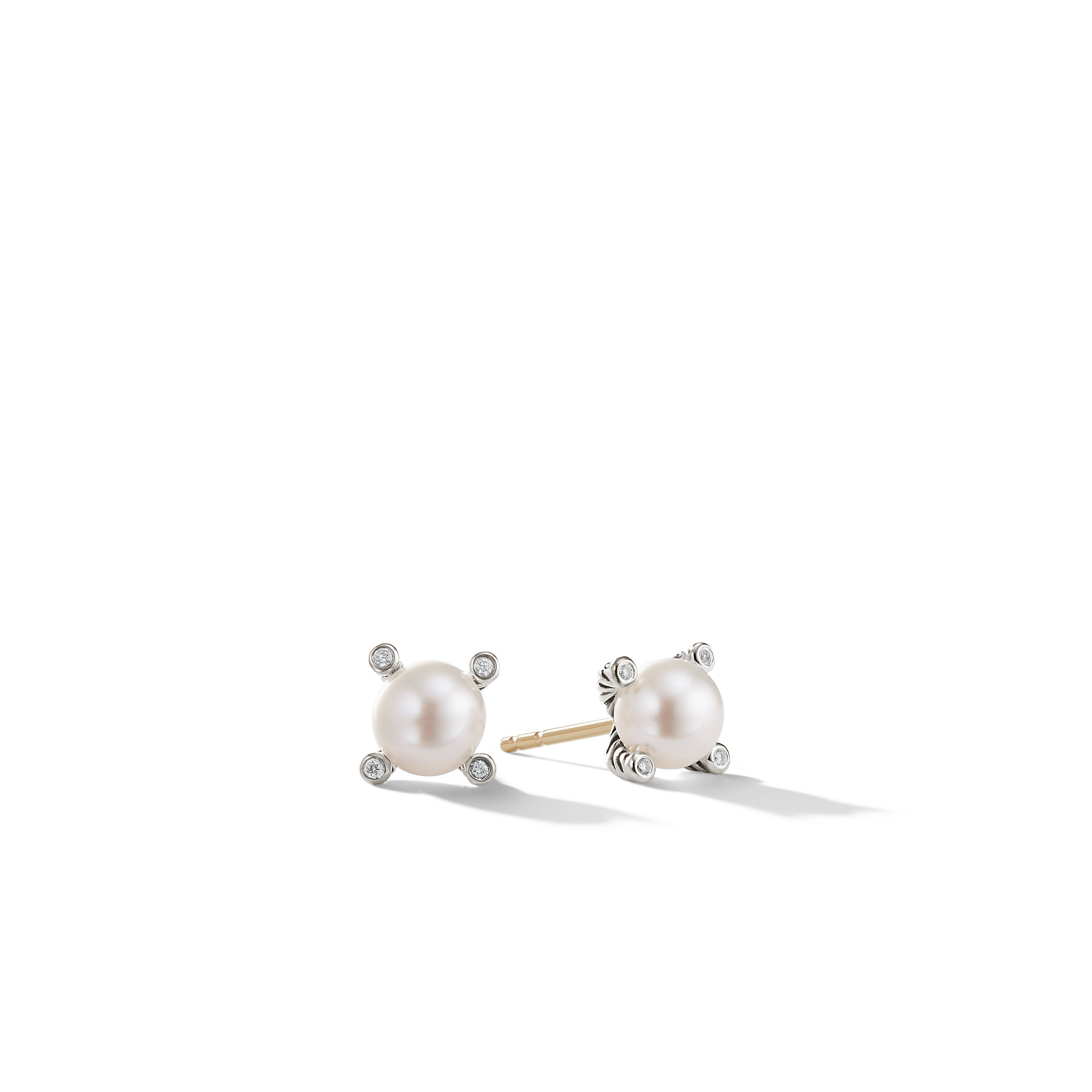 Cable Pearl Stud Earrings in Sterling Silver with Diamonds