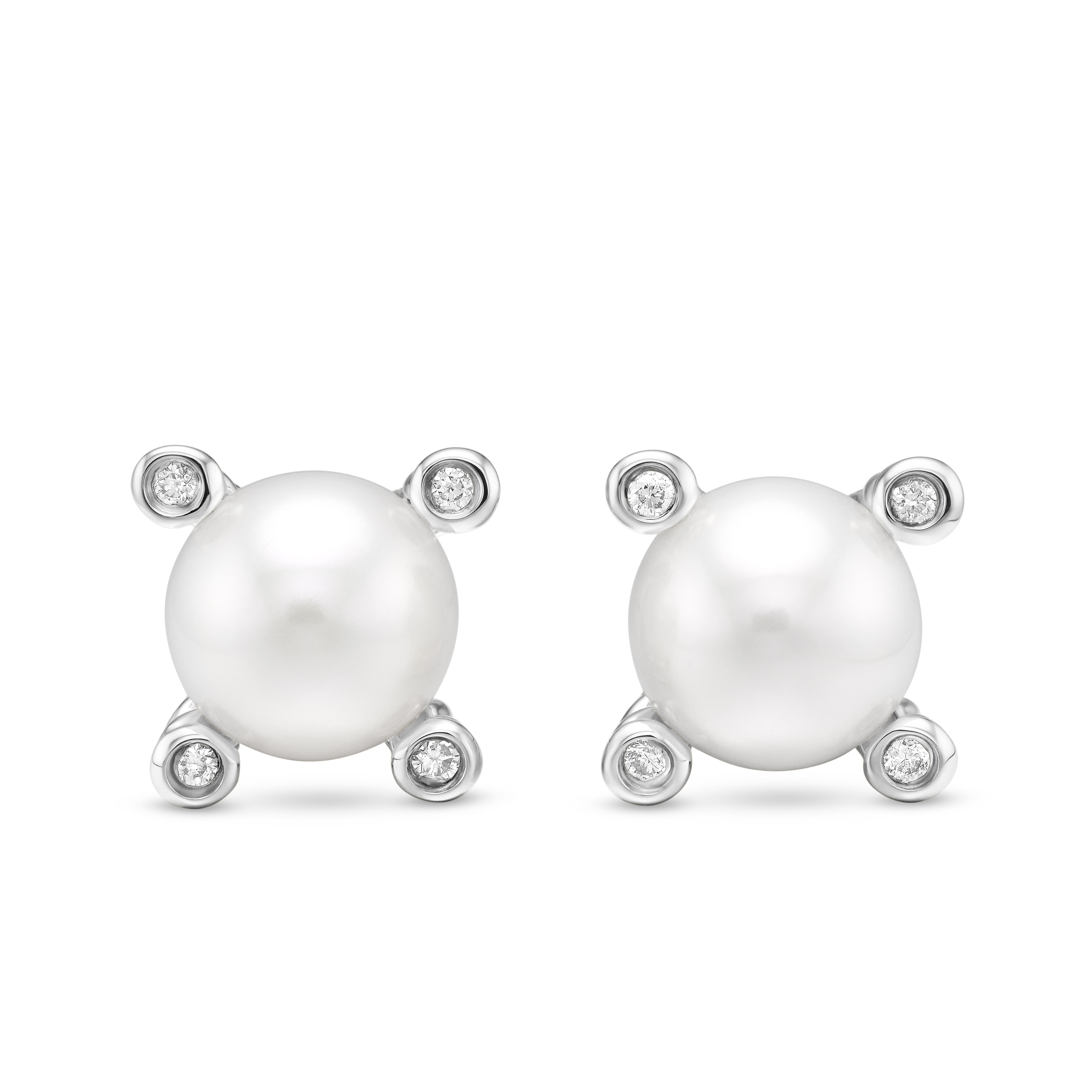 Cable Pearl Stud Earrings in Sterling Silver with Diamonds