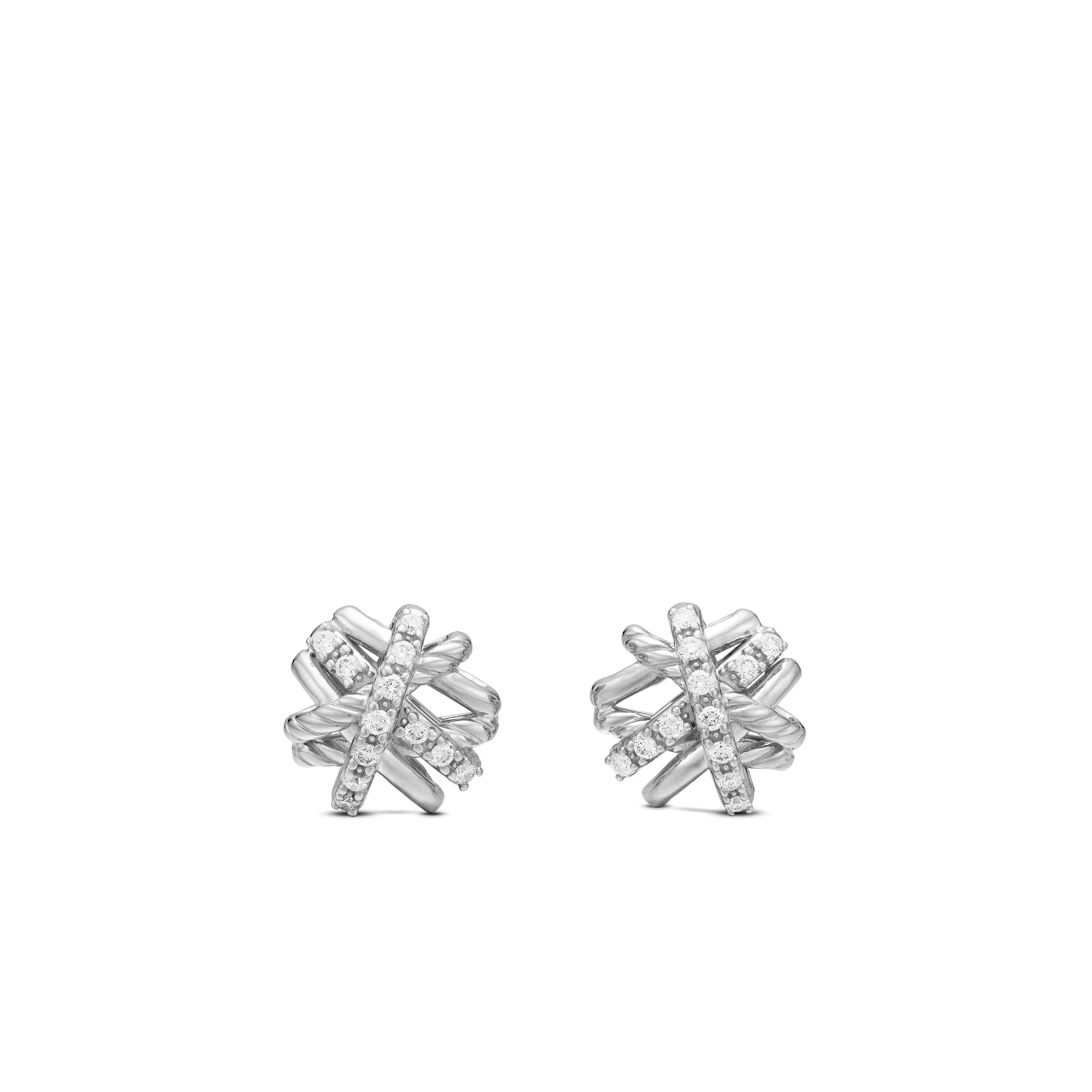 Crossover Stud Earrings in Sterling Silver with Pave Diamonds