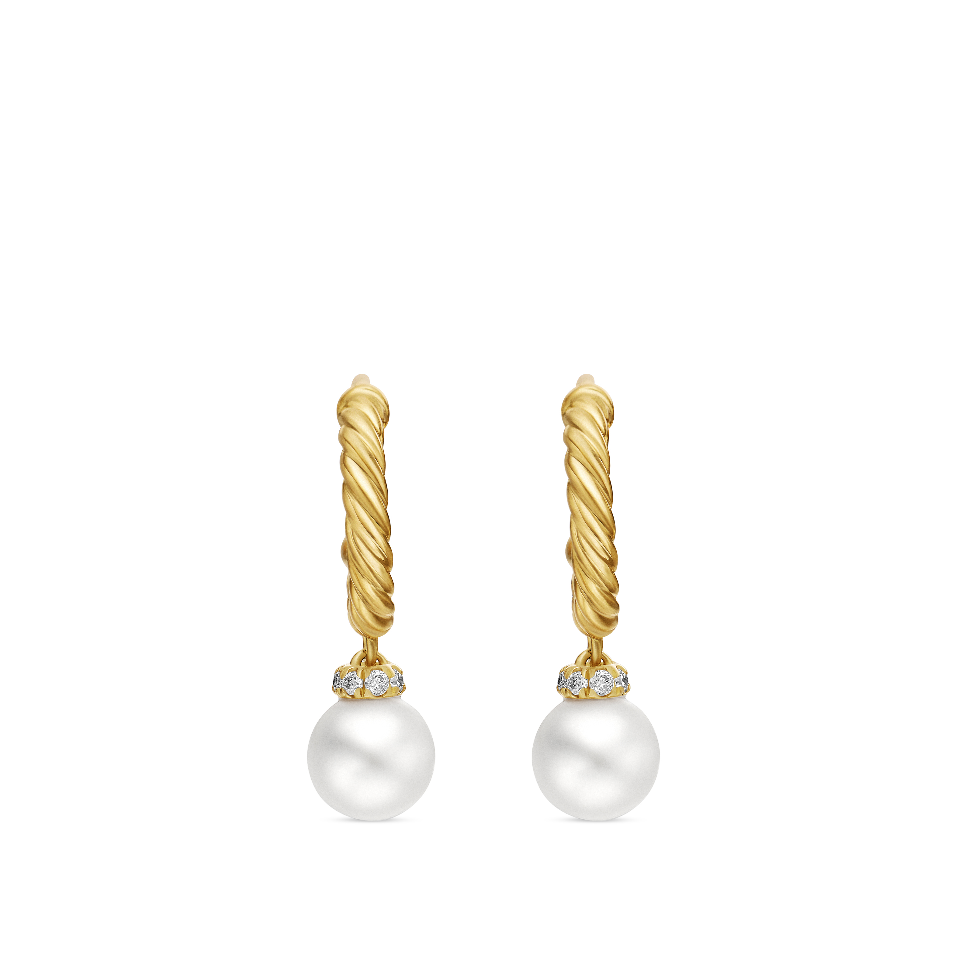 Petite Solari Hoop Drop Earrings in 18K Yellow Gold with Pearls and Pave Diamonds