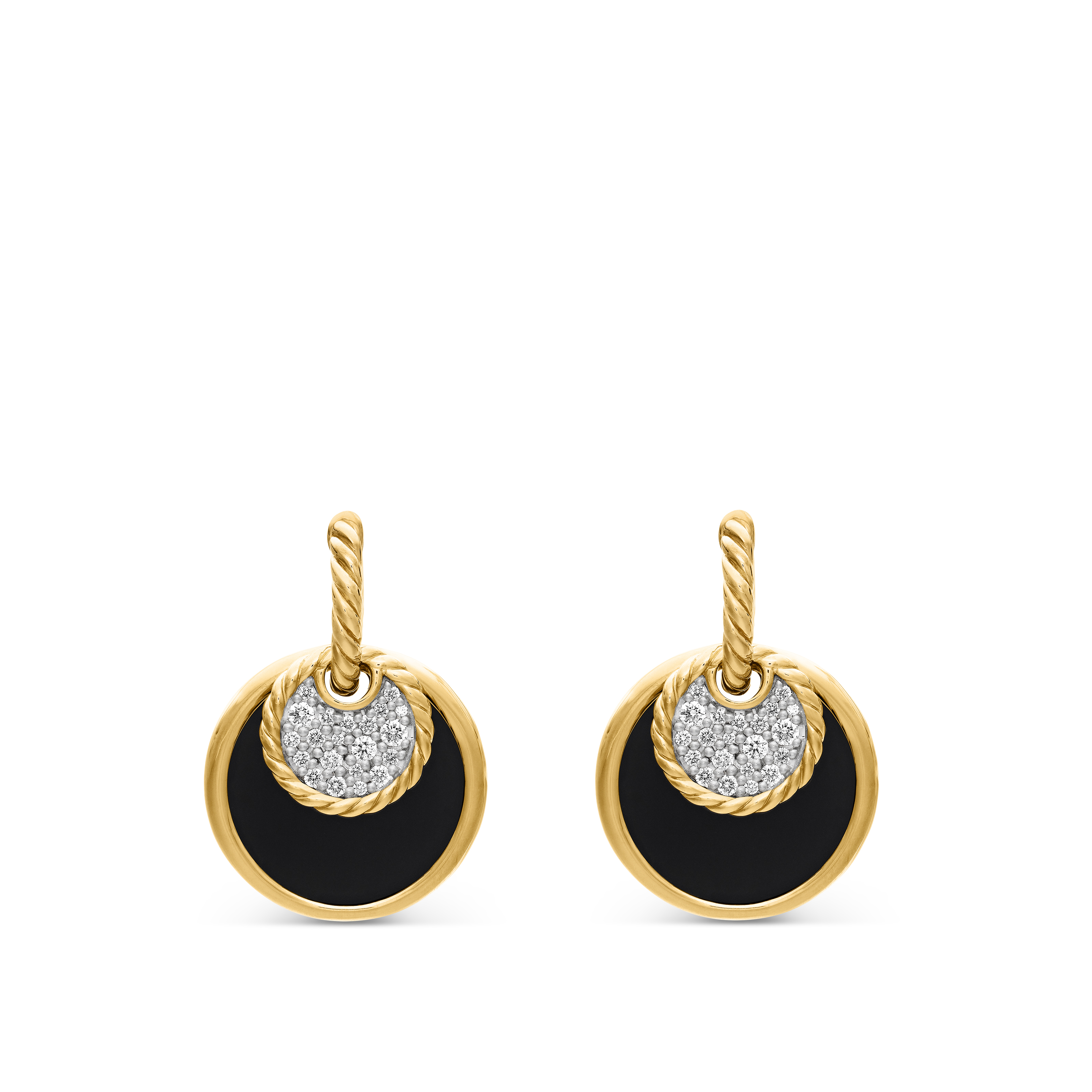 DY Elements® Convertible Drop Earrings in 18K Yellow Gold with Pave Diamonds and Black Onyx Reversible to Mother of Pearl
