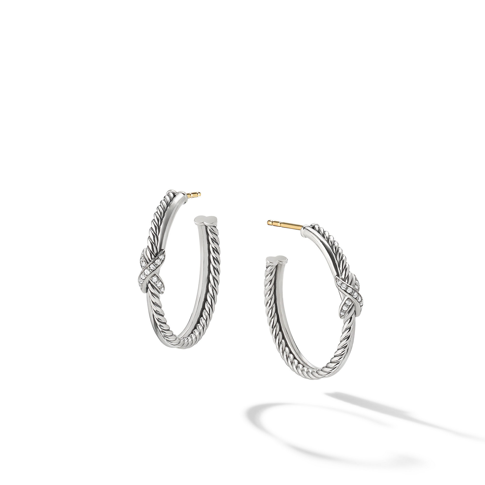 Petite X Hoop Earrings in Sterling Silver with Pave Diamonds