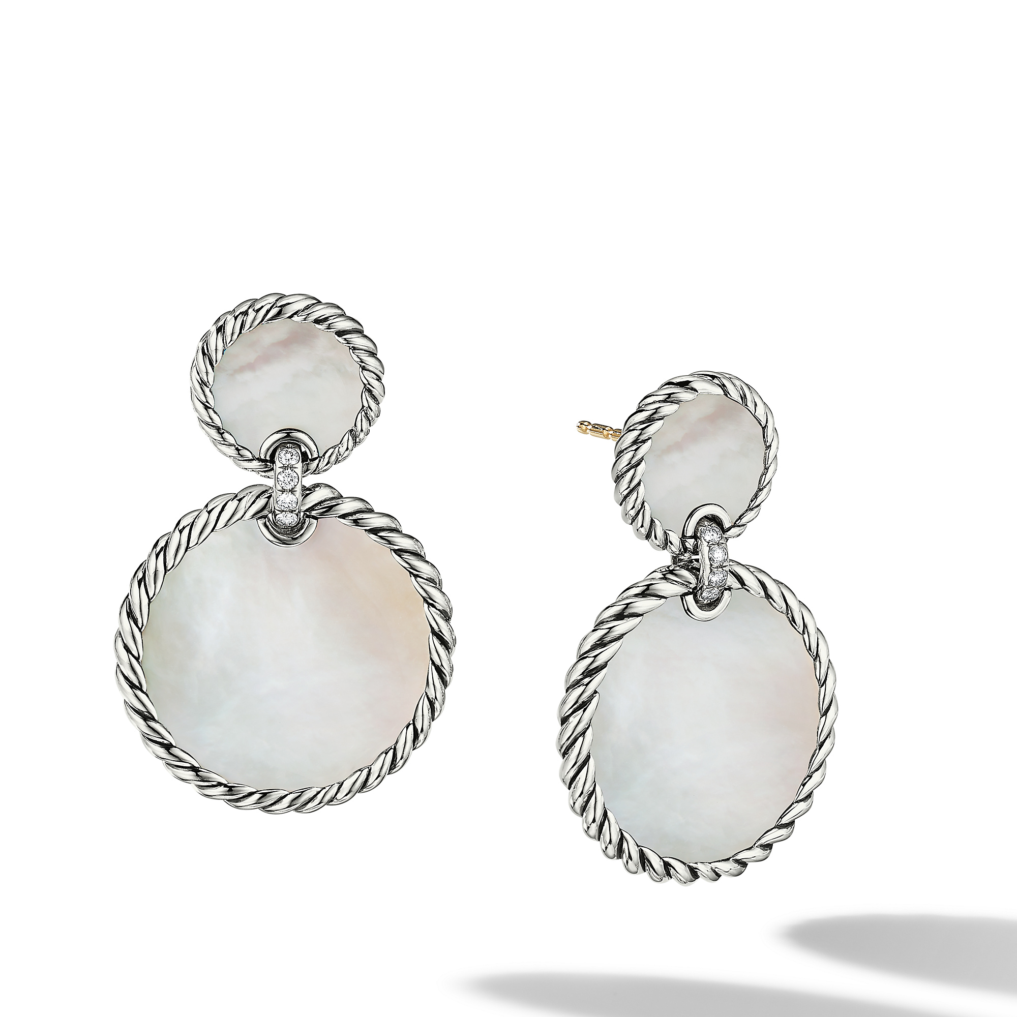 DY Elements® Double Drop Earrings in Sterling Silver with Mother of Pearl and Pave Diamonds