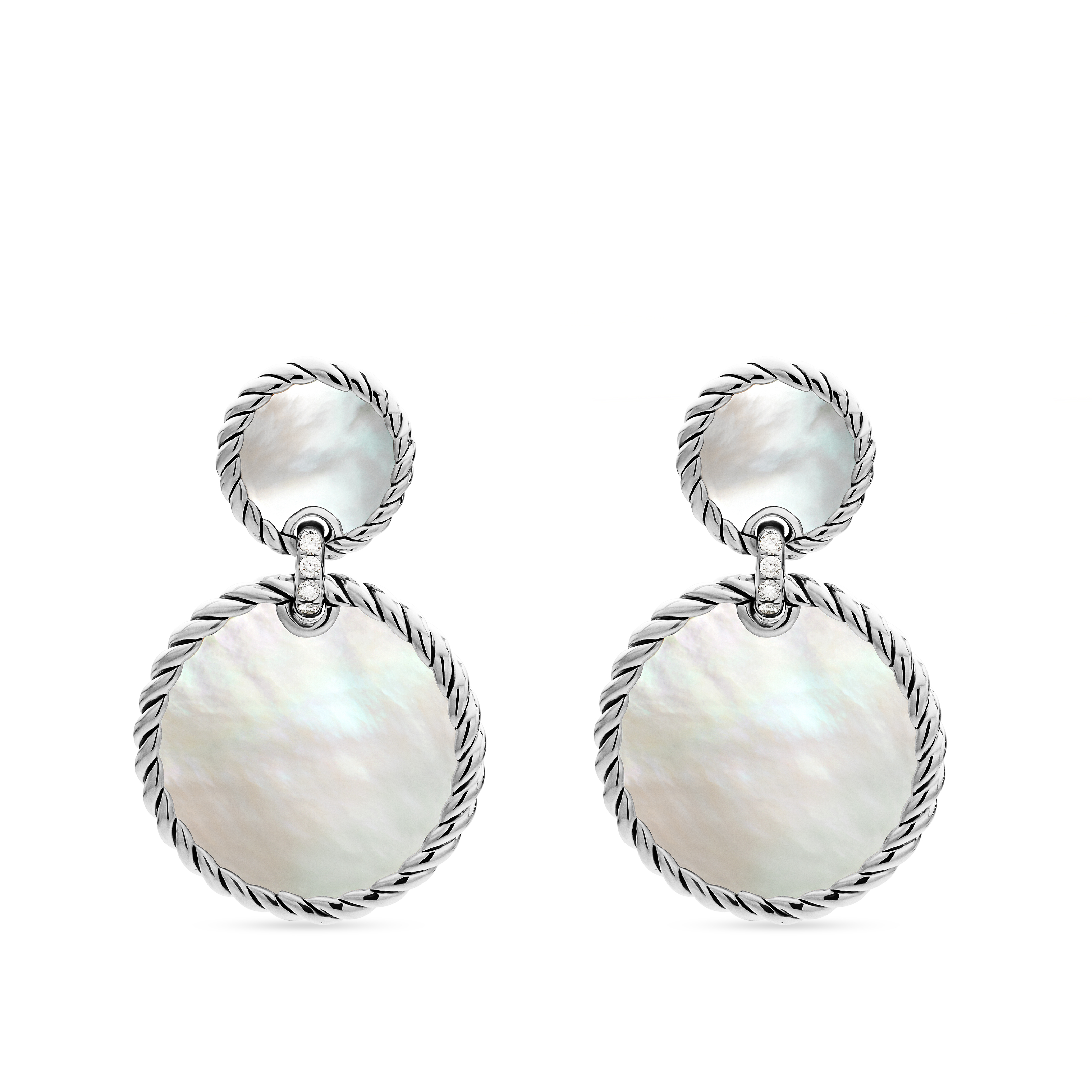 DY Elements® Double Drop Earrings in Sterling Silver with Mother of Pearl and Diamonds, 33mm