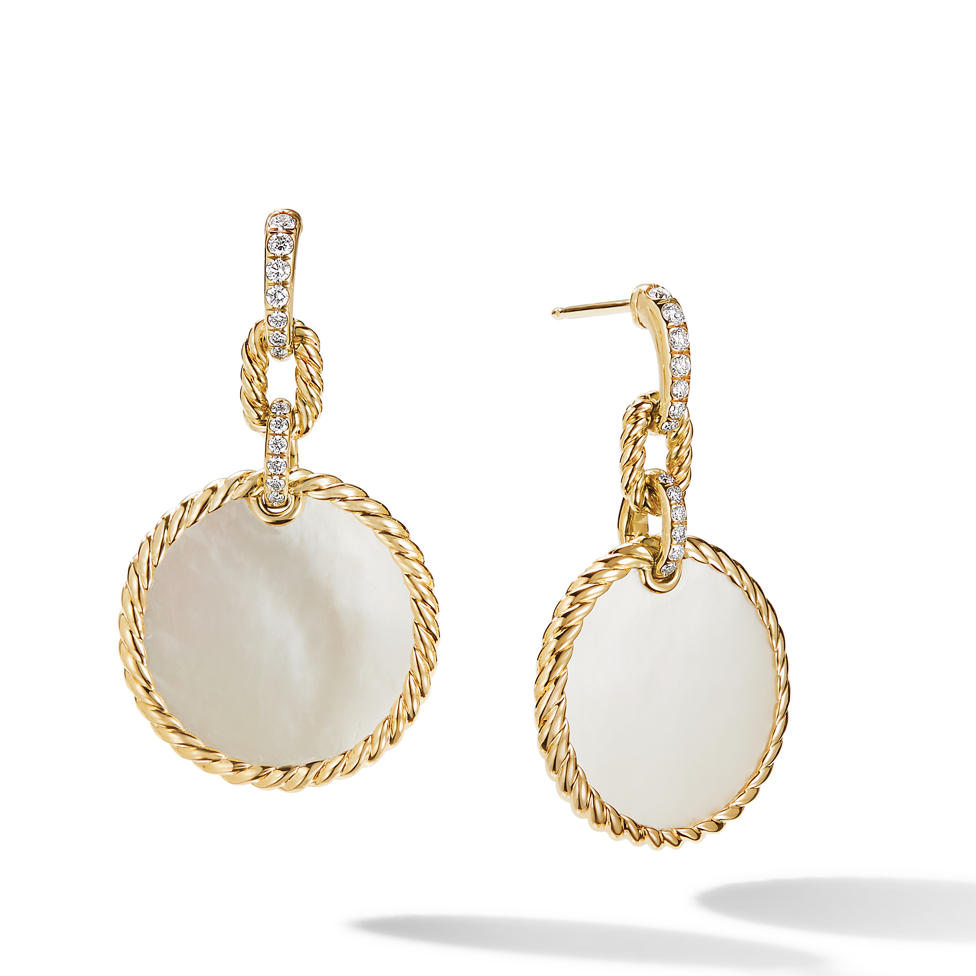 DY Elements® Convertible Drop Earrings in 18K Yellow Gold with Mother of Pearl and Diamonds, 38.3mm