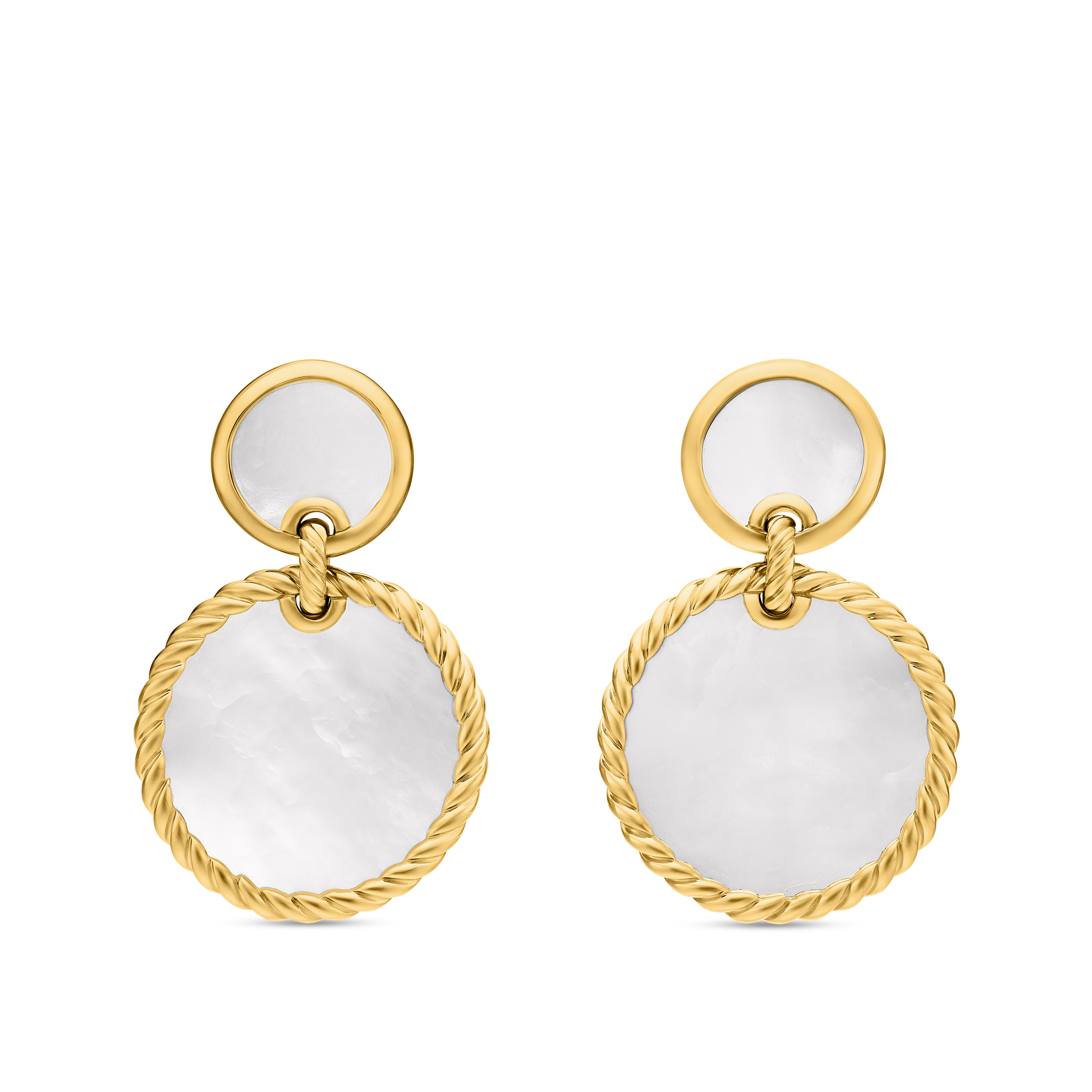 DY Elements® Double Drop Earrings in 18K Yellow Gold with Mother of Pearl, 33mm