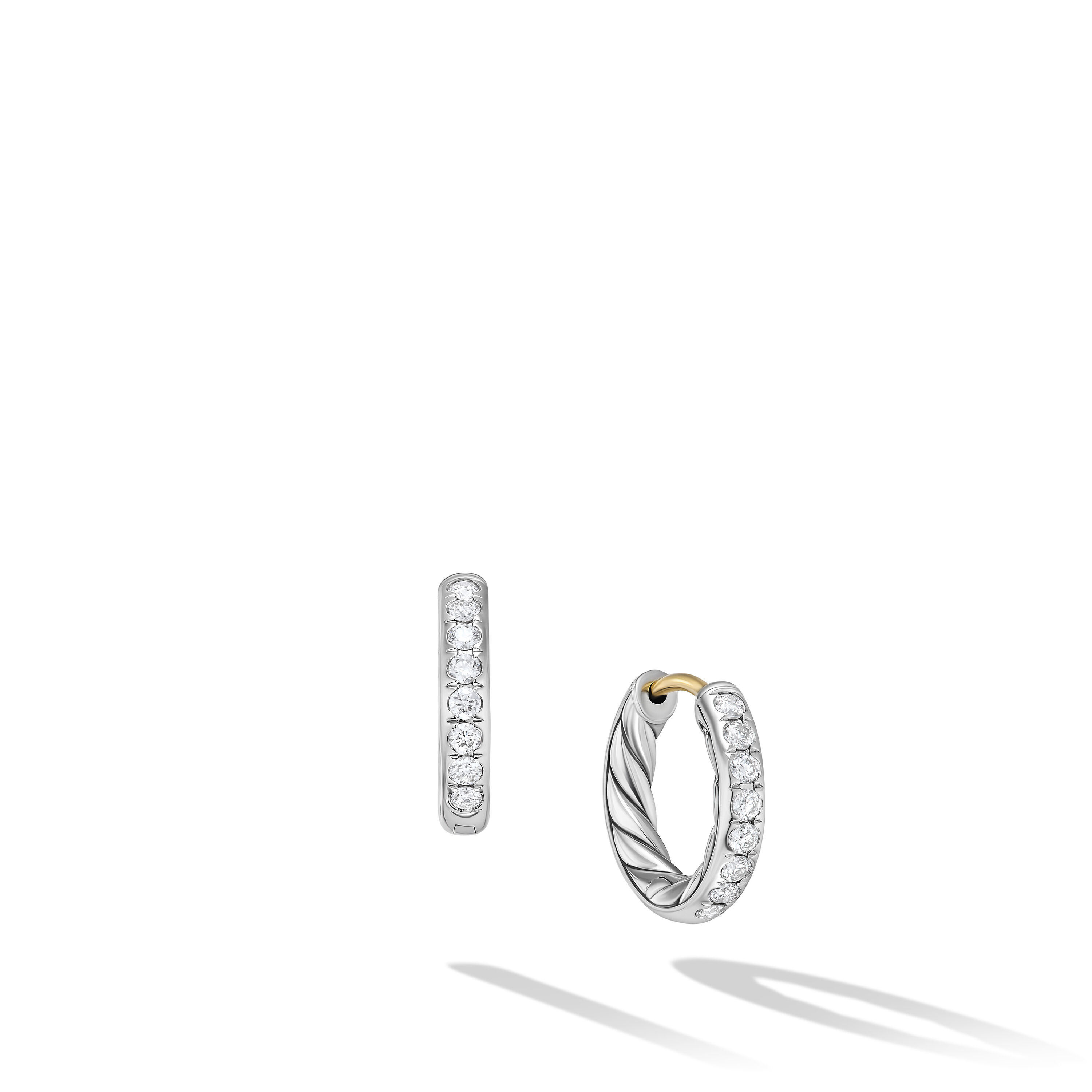 Sculpted Cable Huggie Hoop Earrings in Sterling Silver with Diamonds, 13mm