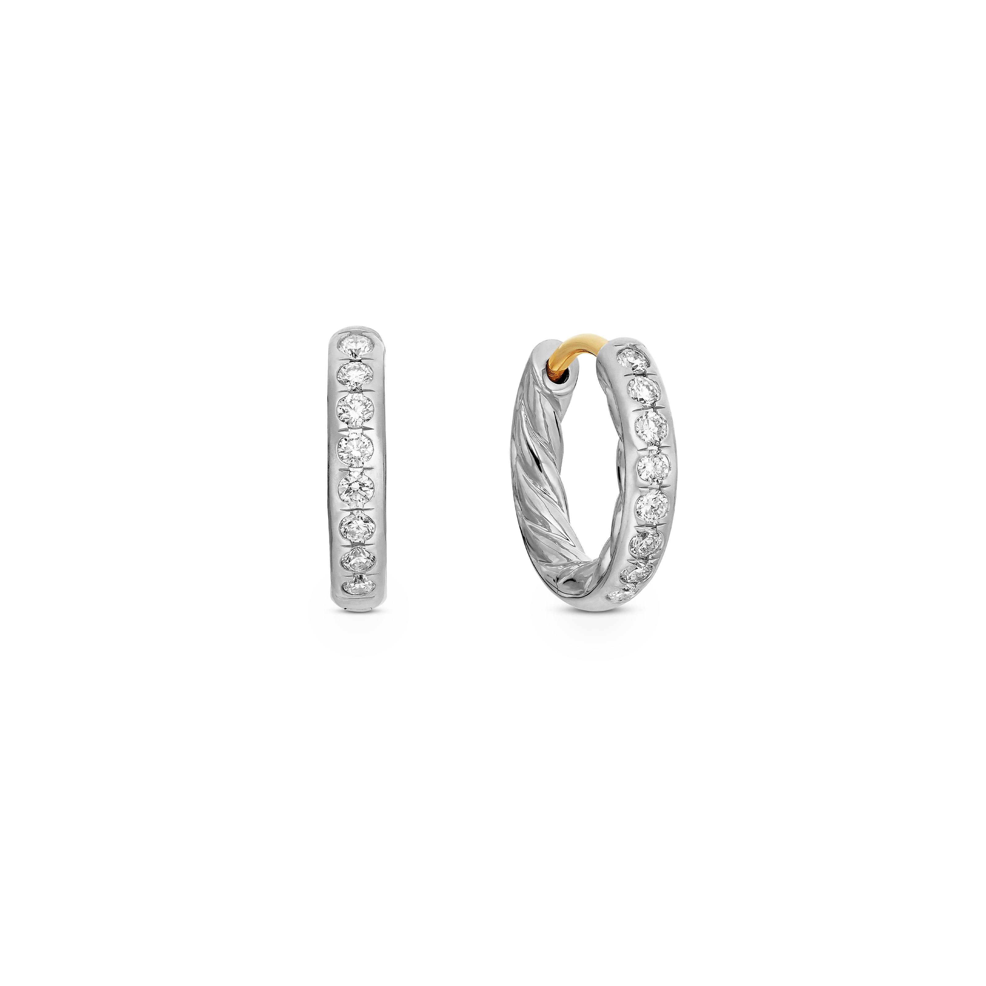 Sculpted Cable Huggie Hoop Earrings in Sterling Silver with Diamonds, 13mm