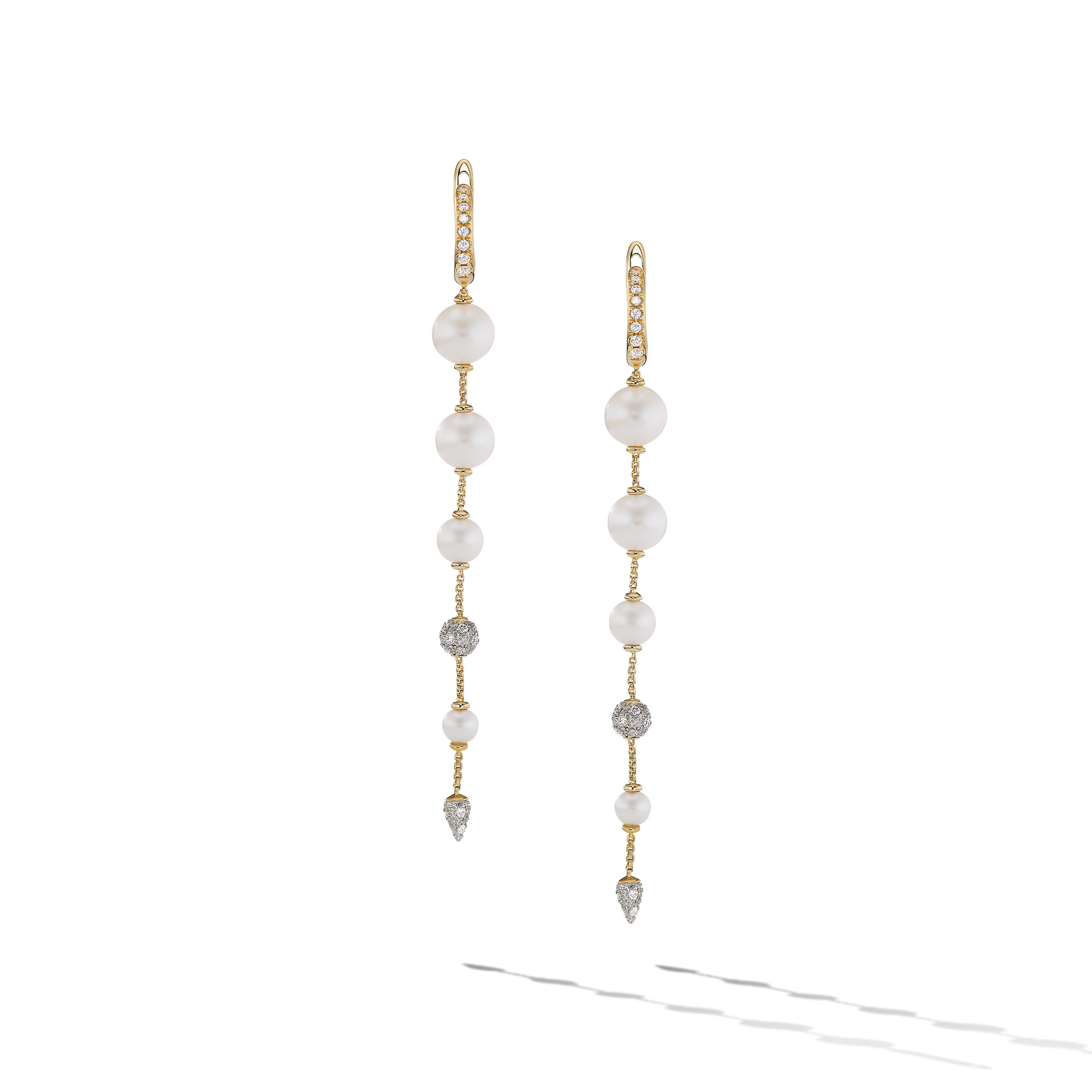 Pearl and Pavé Drop Earrings in 18K Yellow Gold with Pearls and Diamonds, 3.13in