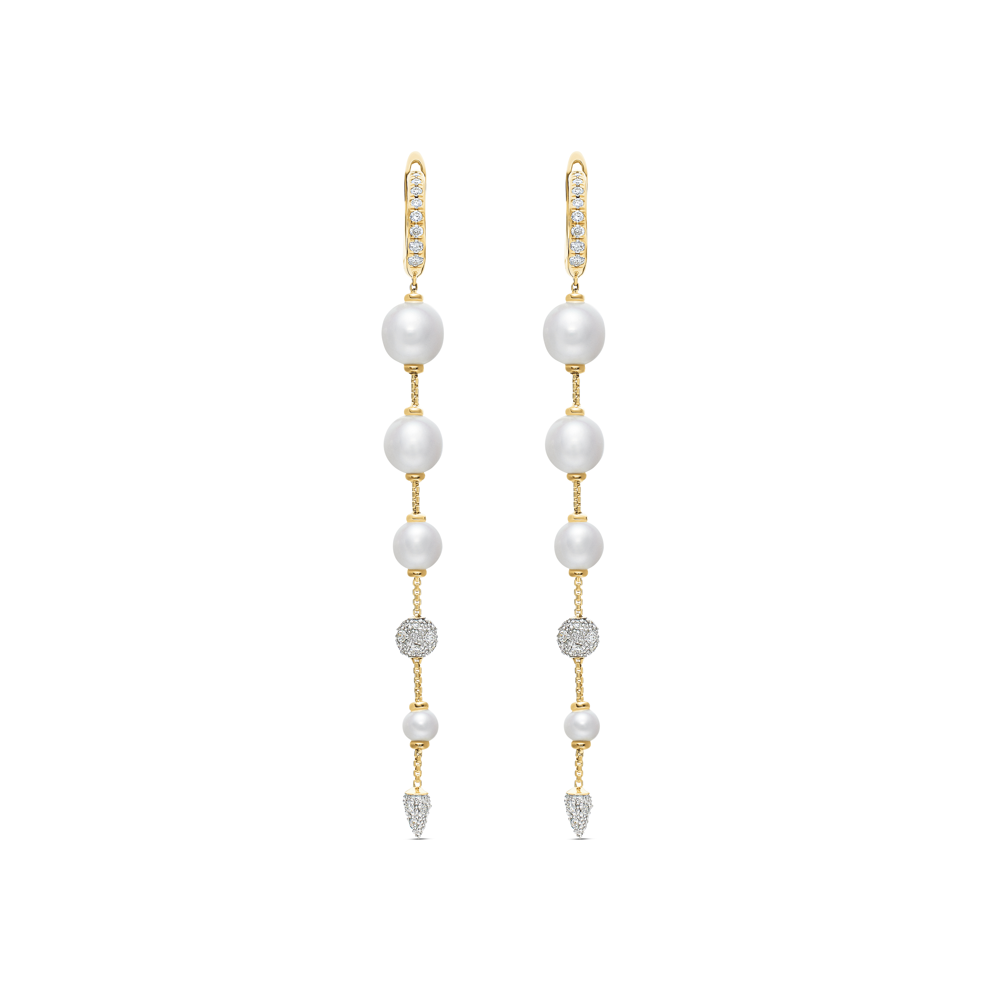 Pearl and Pavé Drop Earrings in 18K Yellow Gold with Pearls and Diamonds, 3.13in