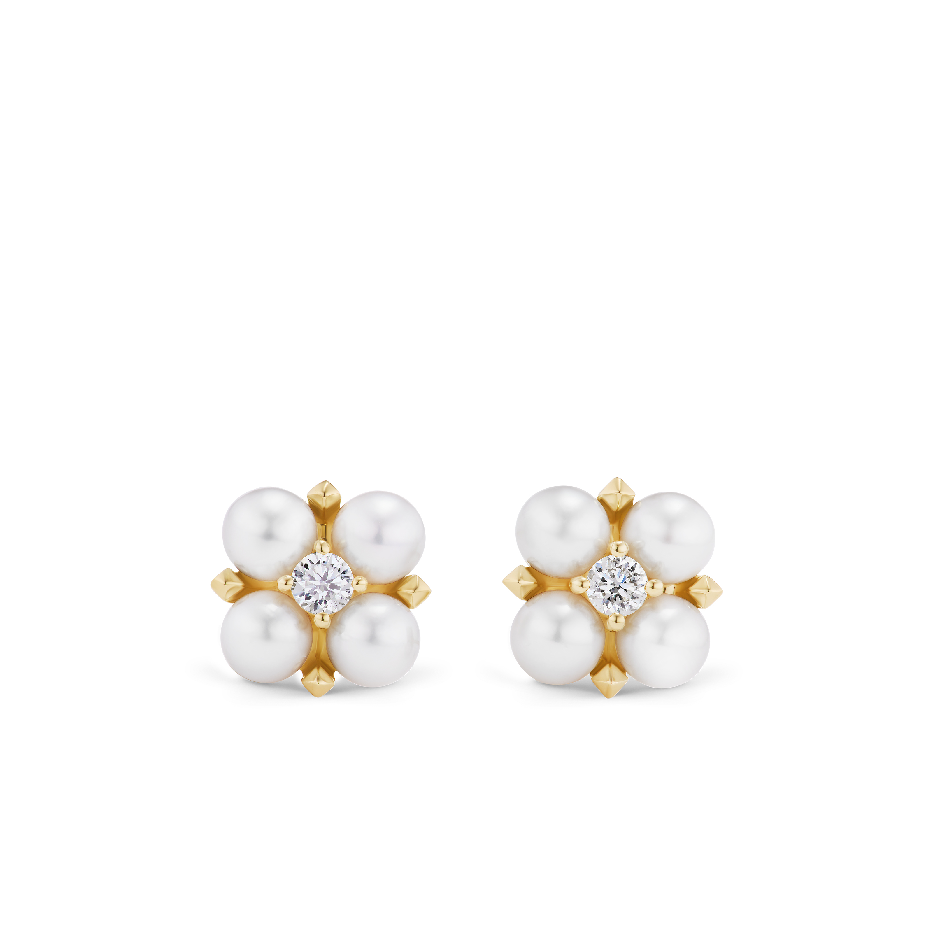 Petite Modern Renaissance Pearl Stud Earrings in 18K Yellow Gold with Diamonds, 7.8mm
