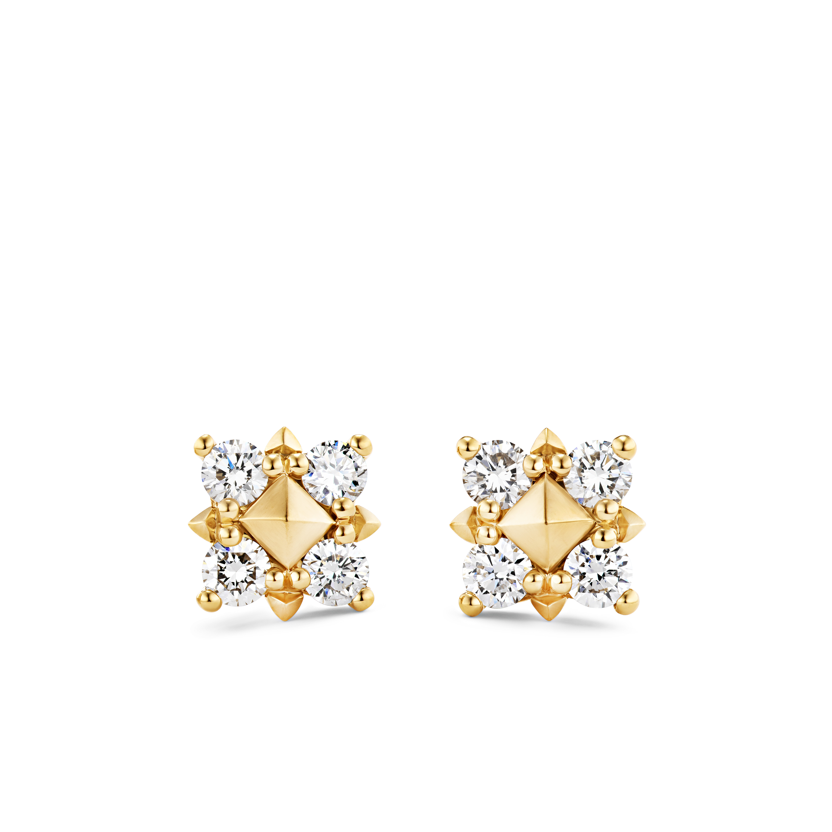 Petite Modern Renaissance Pyramid Pearl Stud Earrings in 18K Yellow Gold with Diamonds, 8mm
