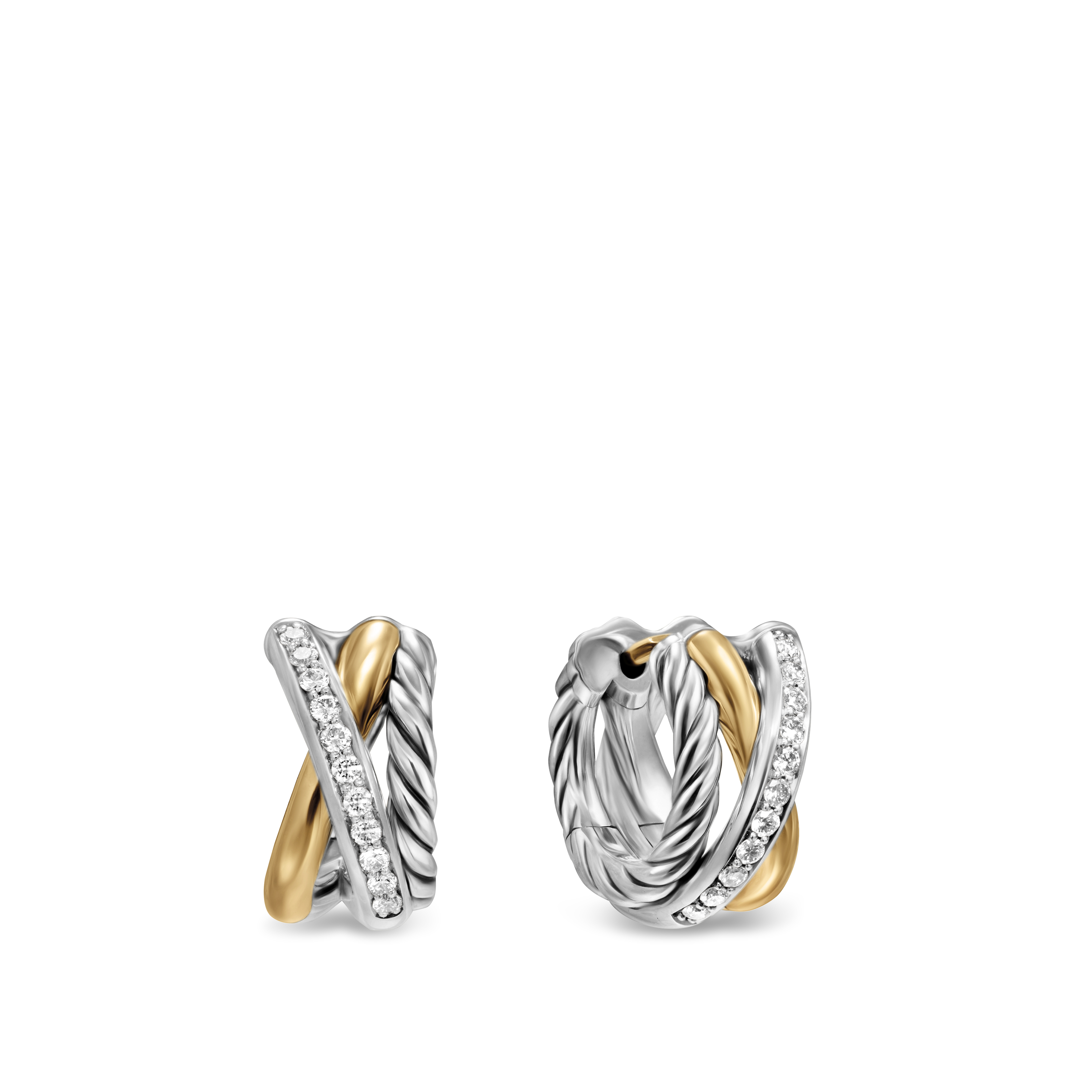 Crossover Three Row Huggie Hoop Earrings in Sterling Silver with 18K Yellow Gold, 13mm